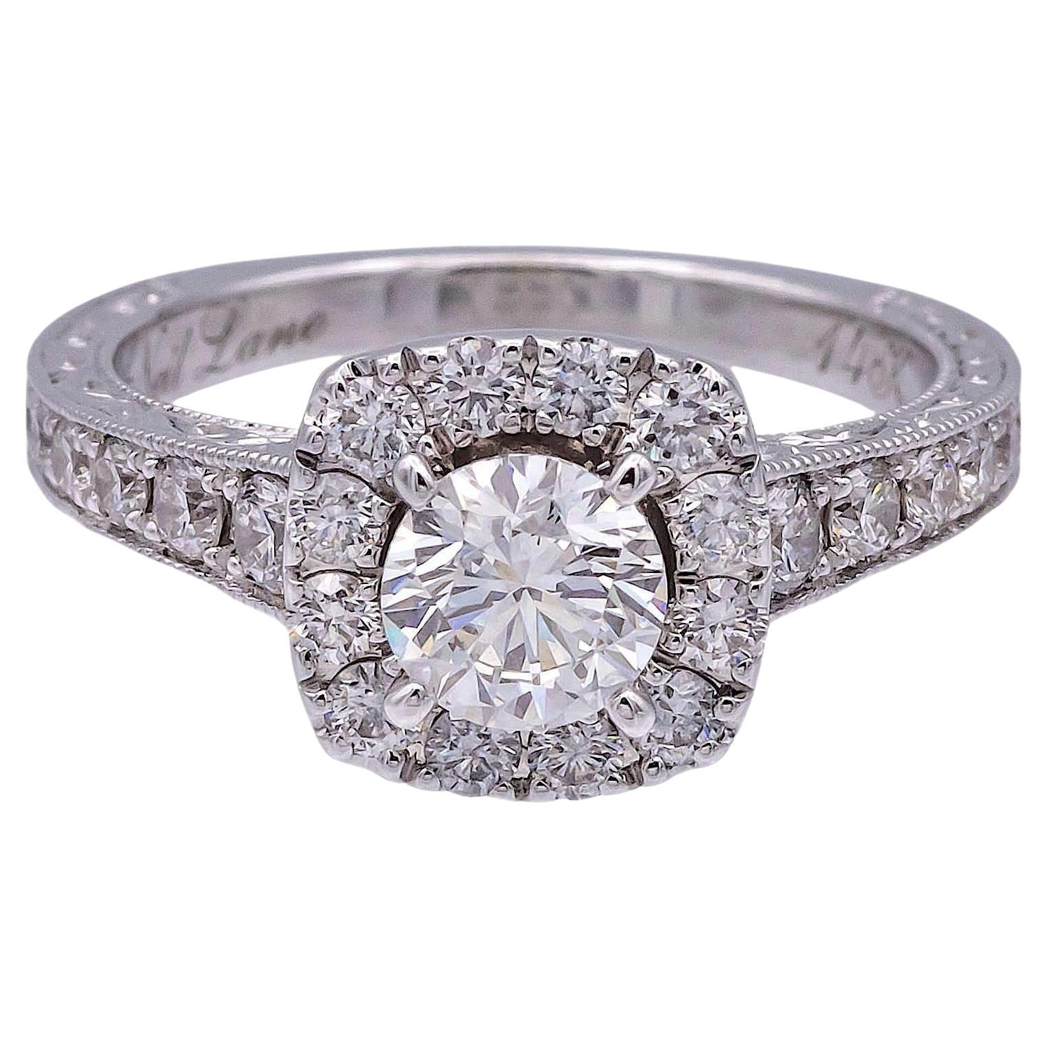 Neil Lane 14K White Gold Cluster 1.19ct TW Round Halo Diamond Engagement Ring For Sale