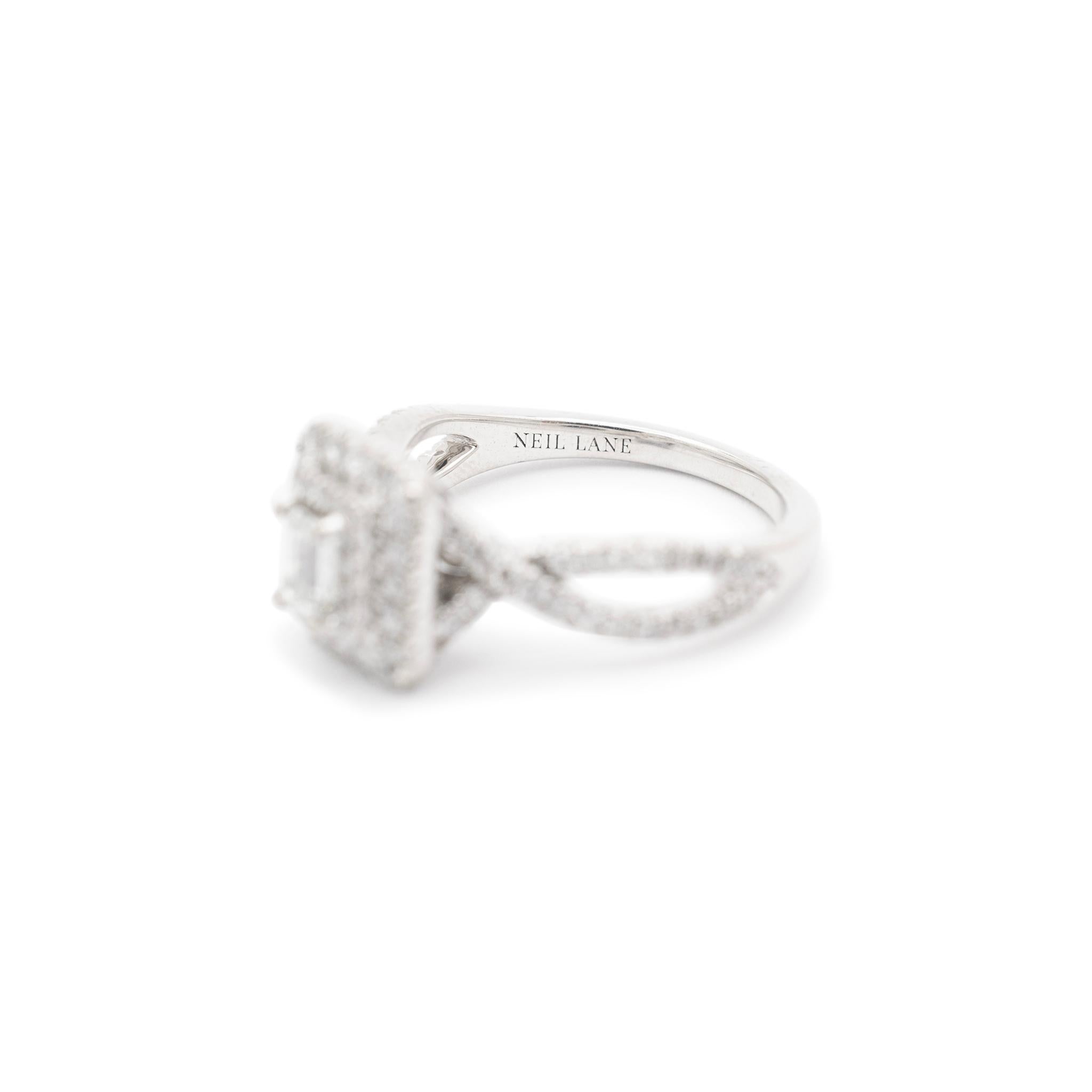 Neil Lane 14K White Gold Emerald Cut Double Halo Diamond Twisted Engagement Ring In Excellent Condition In Houston, TX