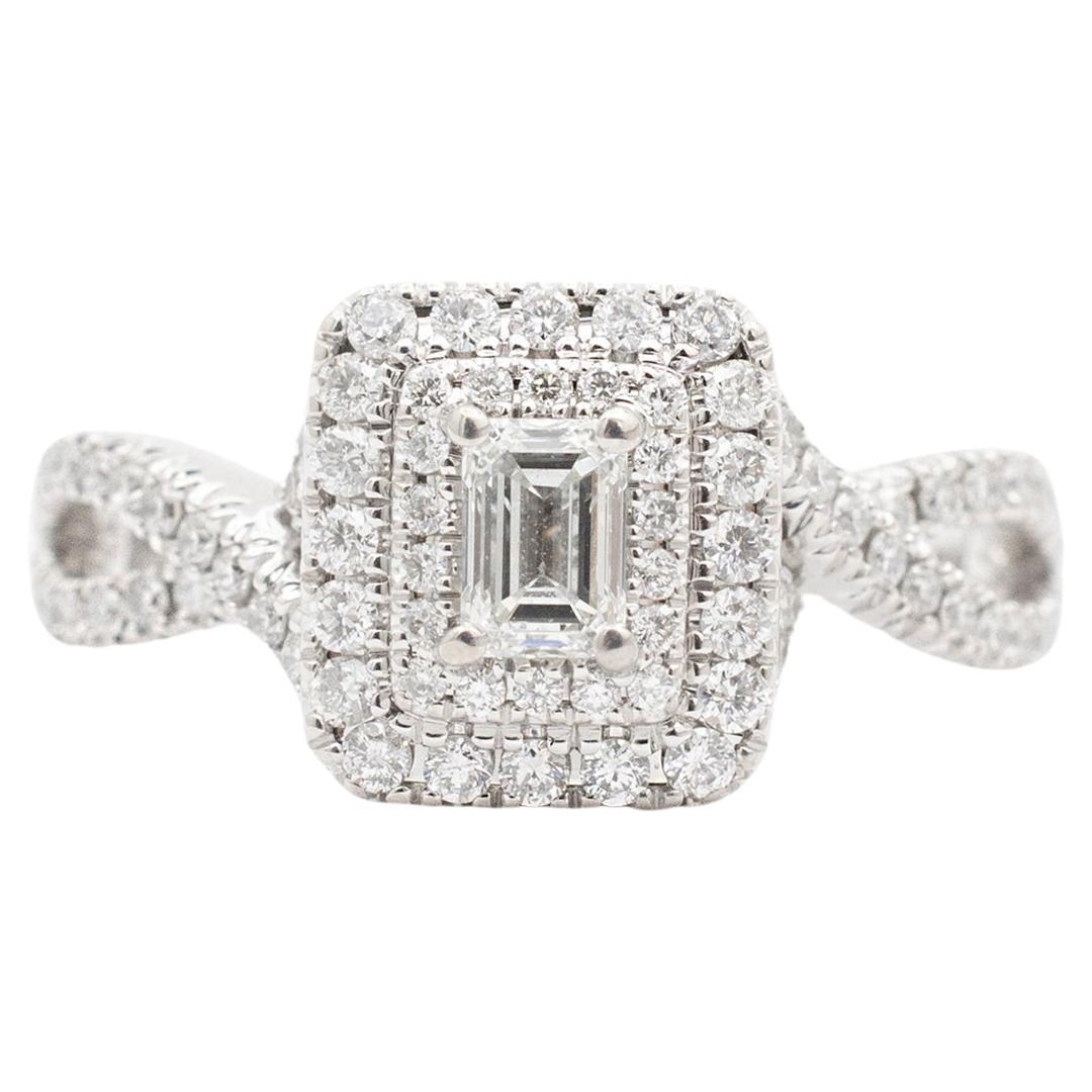 Neil Lane 14K White Gold Emerald Cut Double Halo Diamond Twisted Engagement Ring For Sale