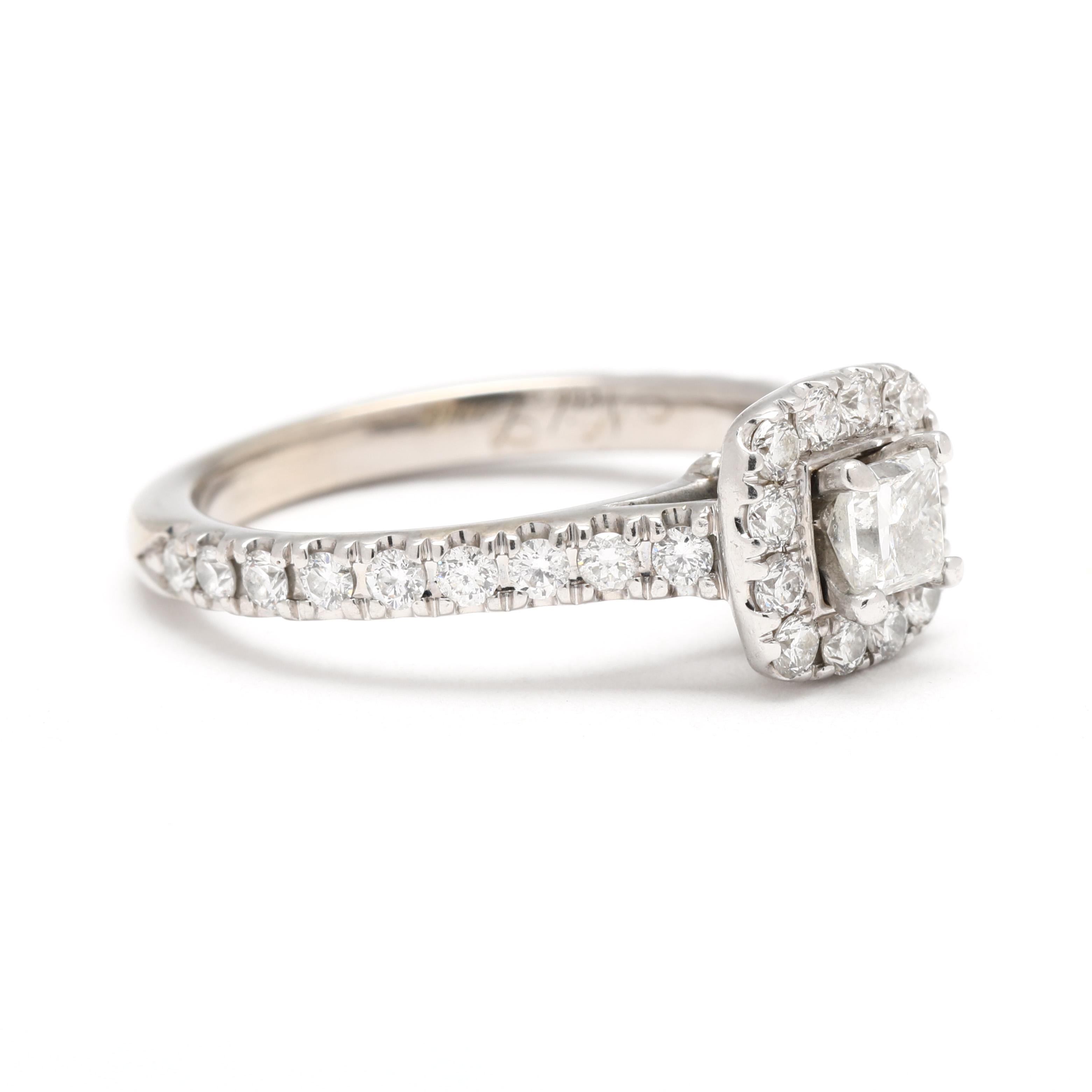 Stones:
diamond
princess cut
3.5 mm
approximately .30 total carats
HI color / I1 clarity
round brilliant cut
1.6 mm
approximately .50 total carats
HI color / SI1-I1 clarity

Ring Size: 5

Rise Off Of Finger: 6.6 mm

Band Width: 2.3 mm

Weight: 2.4