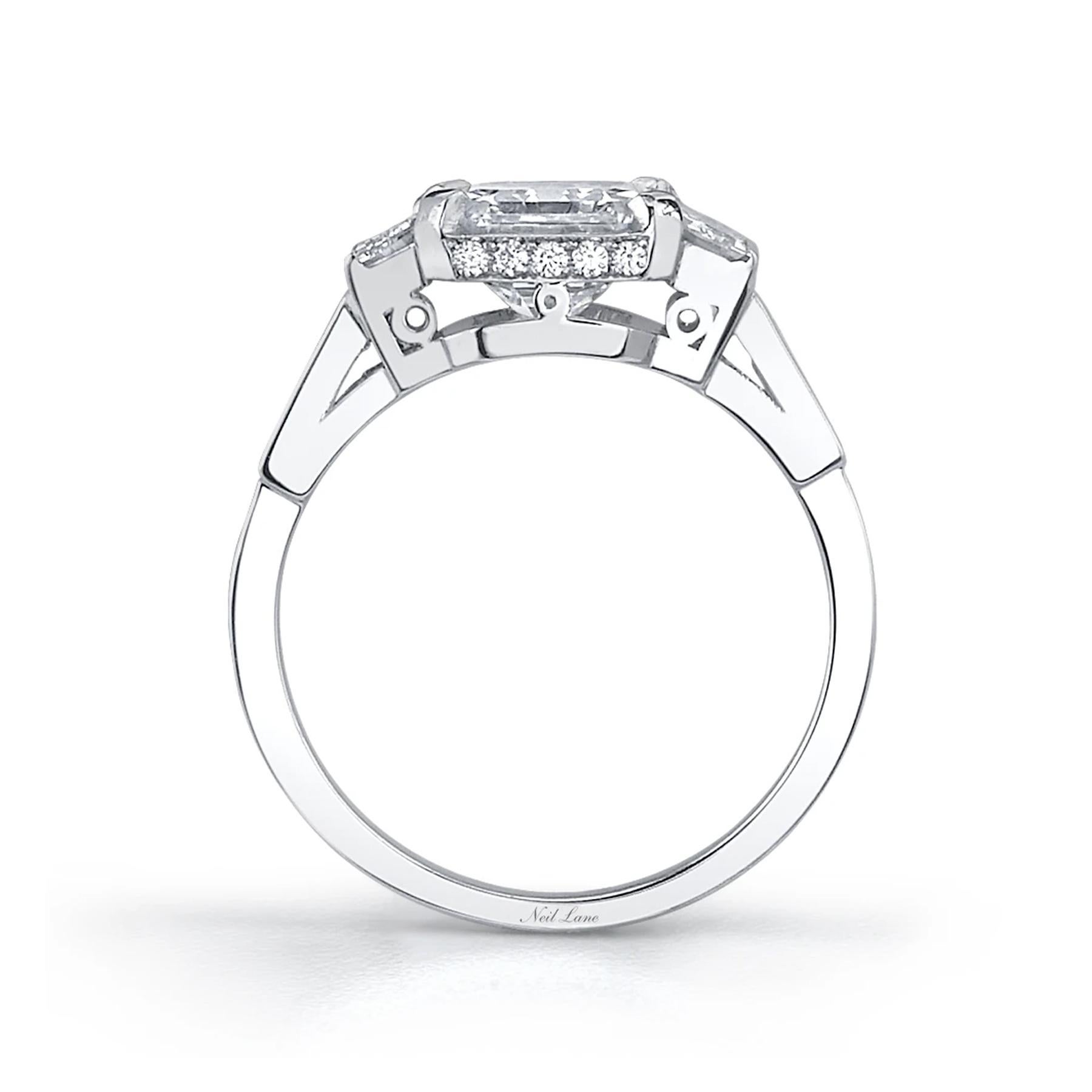 A master of design together with a thorough knowledge of the Art Deco period, Neil Lane created this Art Deco inspired ring with a balance of shape and harmony as the foundation for this square emerald-cut diamond (also known as an Asscher-Cut),