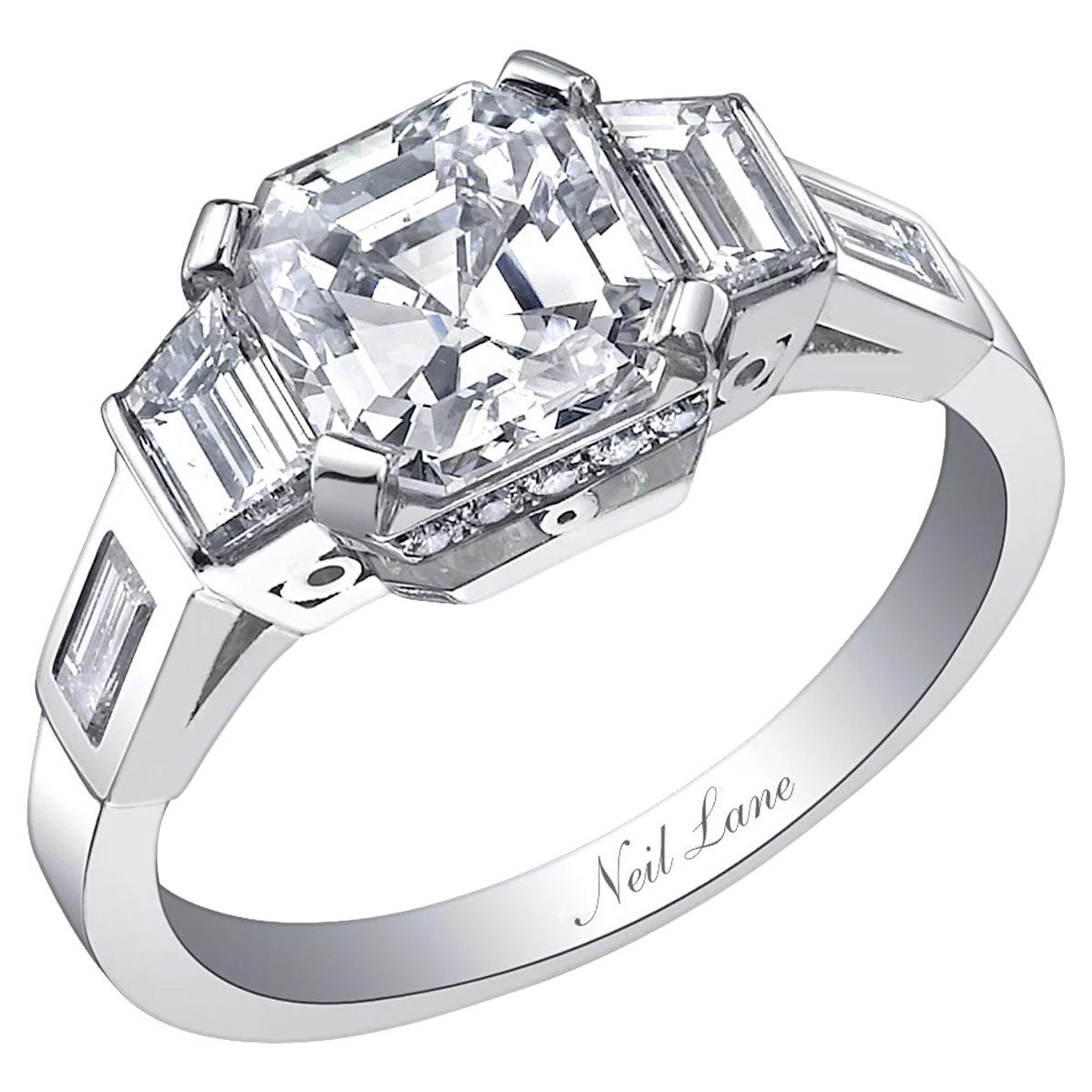 Neil Lane Couture Design Art Deco Style Square Emerald-Cut Diamond Platinum Ring For Sale