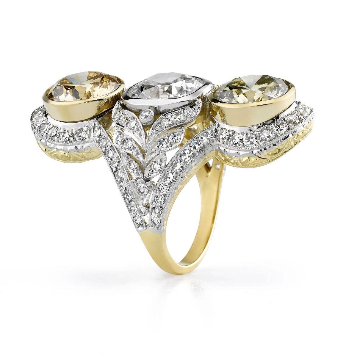 Contemporary Neil Lane Couture White & Colored Diamond, Platinum, 18k Gold Three Stone Ring For Sale