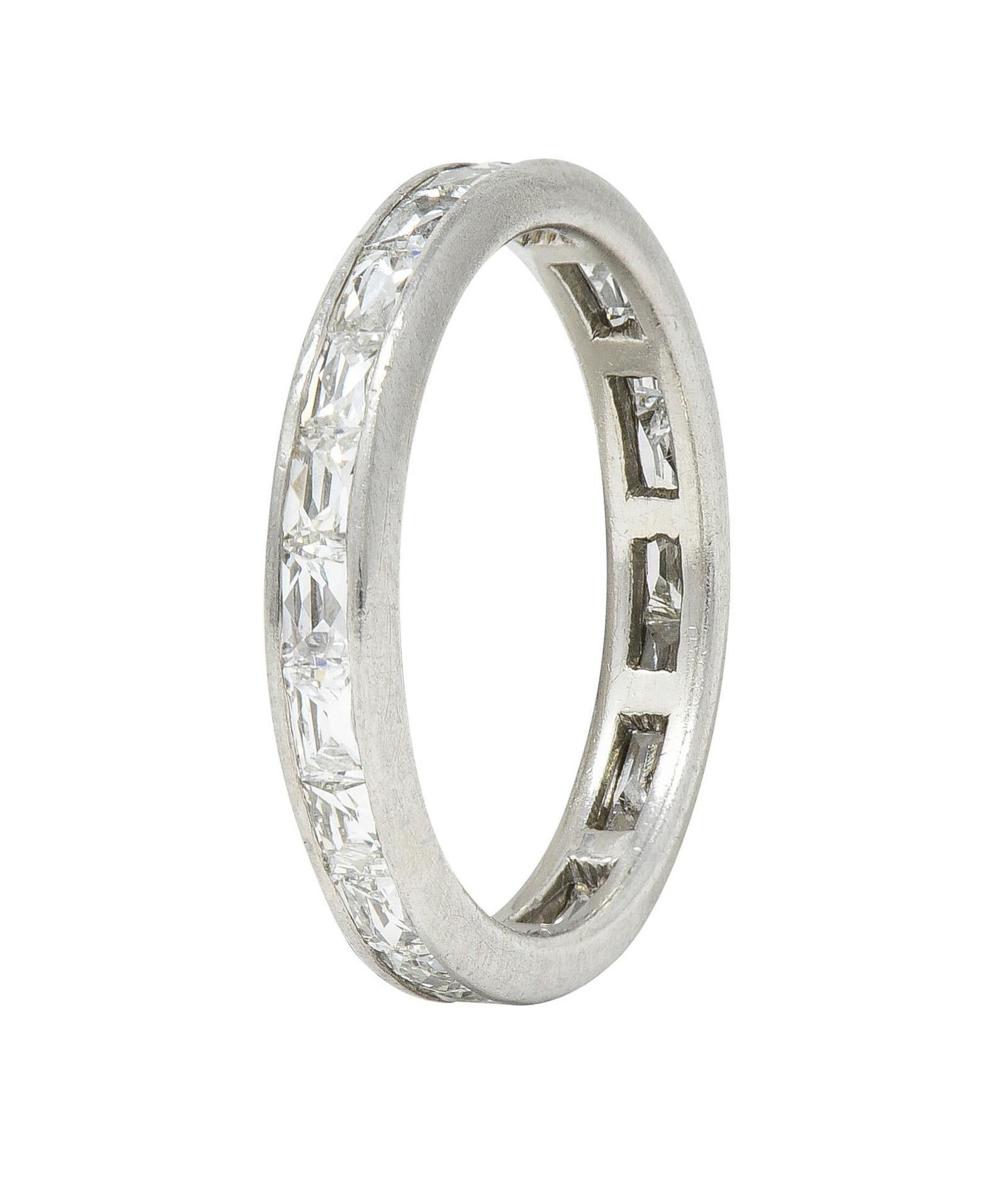 Ring features elongated French cut diamonds channel set fully around
Weighing approximately 2.05 carat total - G color with VS clarity
With high polished platinum finish
Stamped plat for platinum
Fully signed Neil Lane
Circa: 2000s
Ring size: 4 3/4