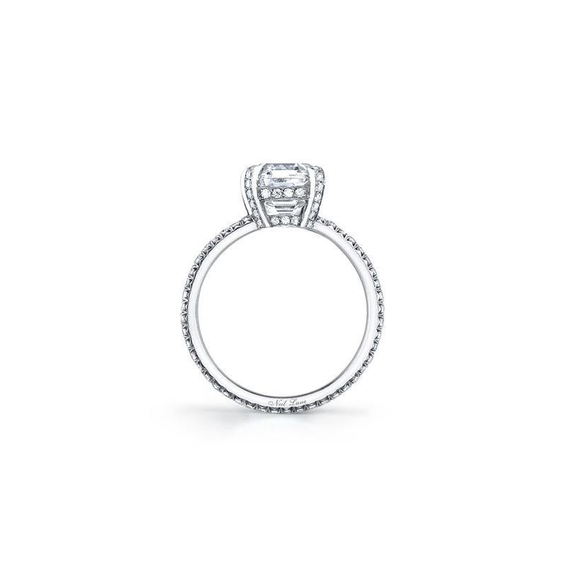 An elegant solitaire ring, highlighted by a step-cut diamond, also known as an Asscher-cut, with refined faceted angles and geometrically-cut corners, weighing 3.01 cts., F Color & SI1 Clarity, simply accented by ninety-six full-cut diamonds,