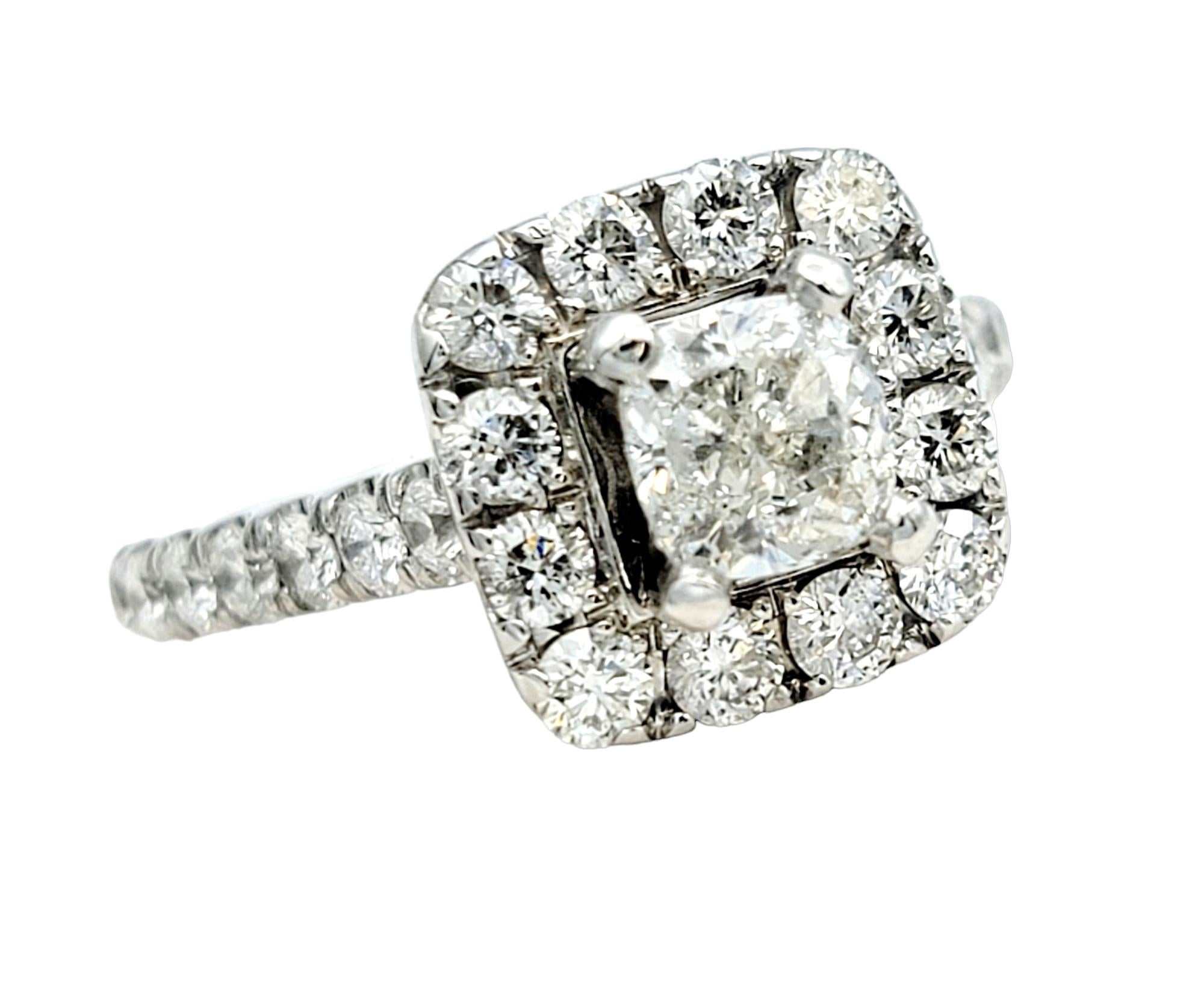 Contemporary Neil Lane Cushion and Round Diamond Halo Engagement Ring in 14 Karat White Gold For Sale