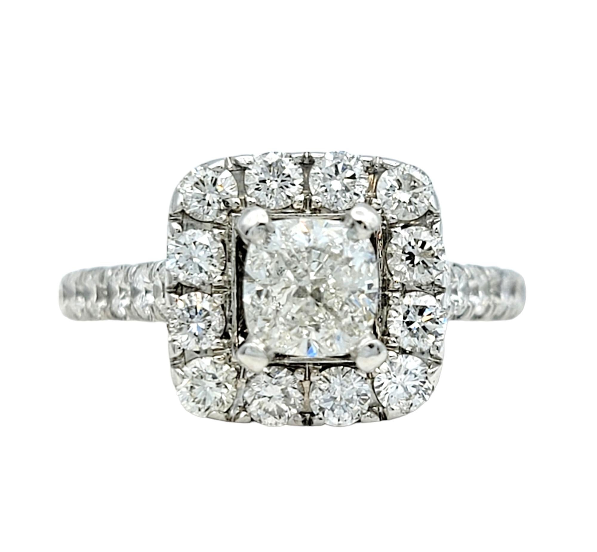 Neil Lane Cushion and Round Diamond Halo Engagement Ring in 14 Karat White Gold In Excellent Condition For Sale In Scottsdale, AZ