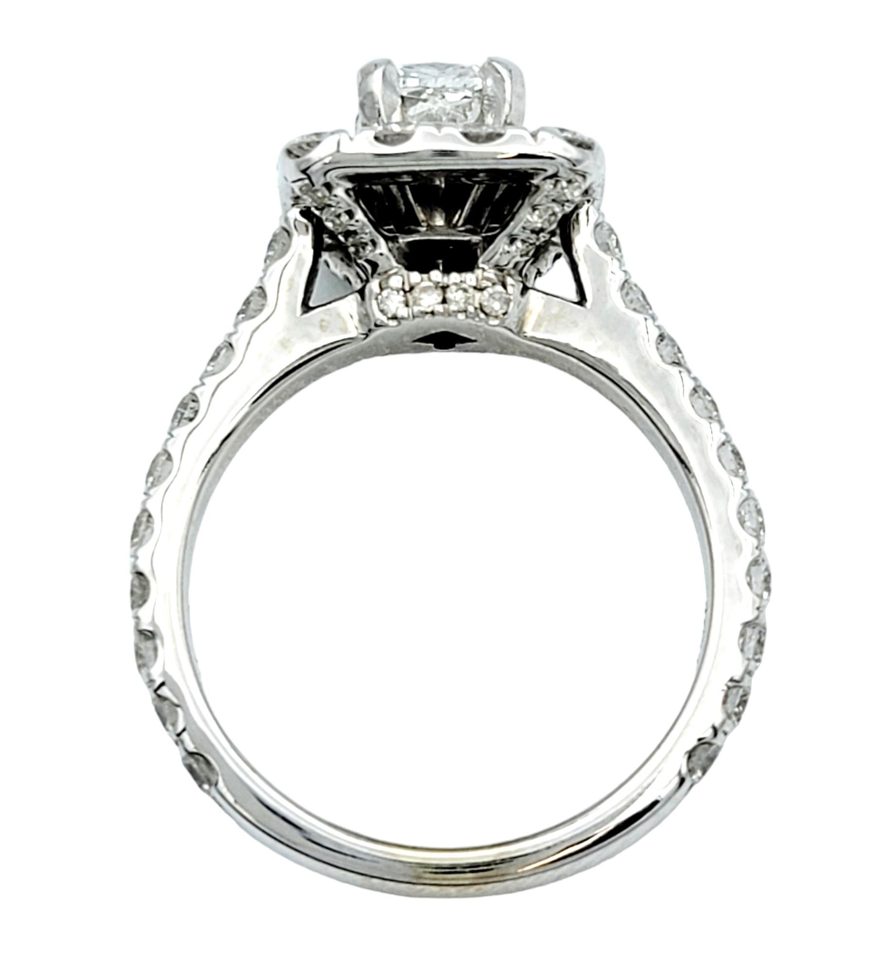 Women's Neil Lane Cushion and Round Diamond Halo Engagement Ring in 14 Karat White Gold For Sale