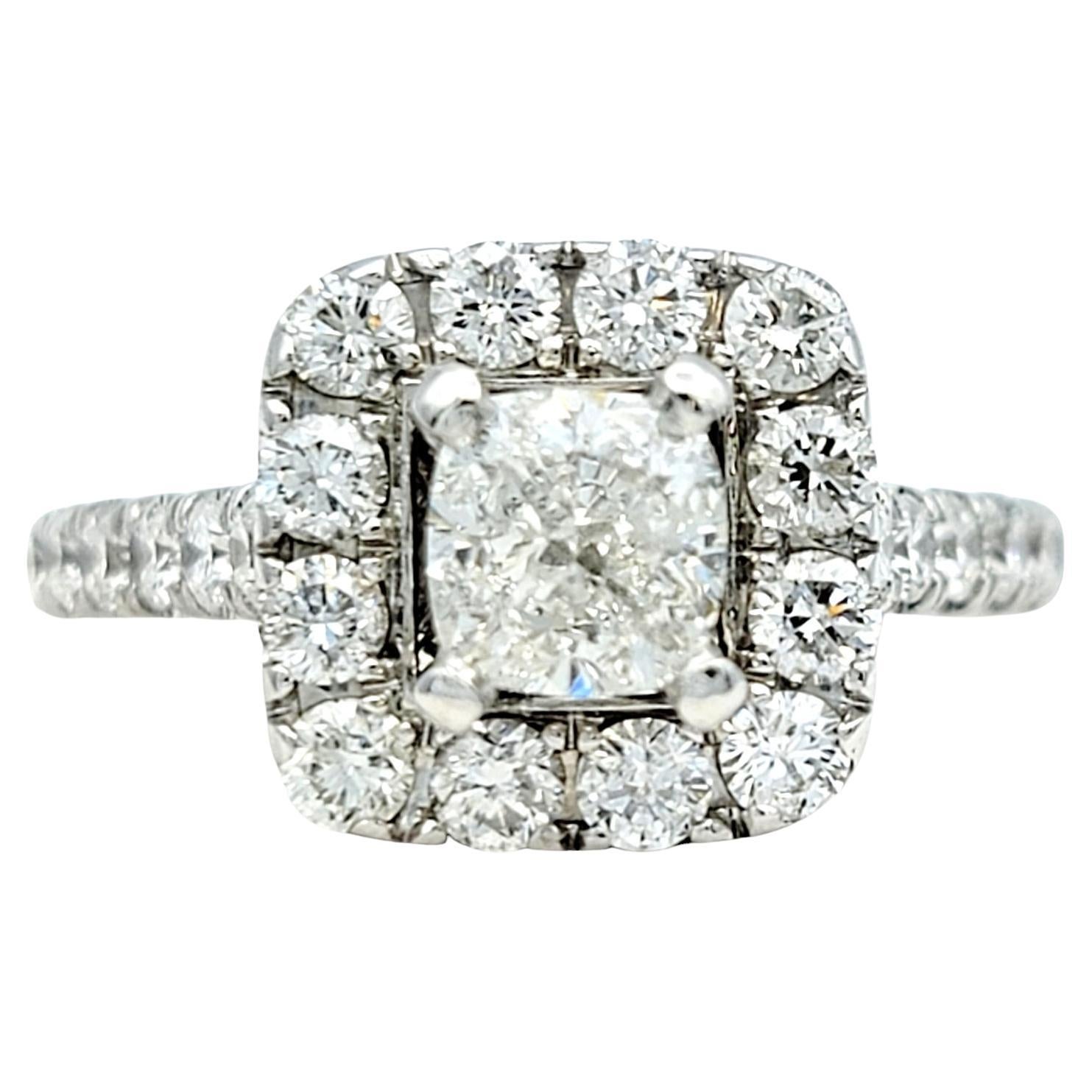 Neil Lane Cushion and Round Diamond Halo Engagement Ring in 14 Karat White Gold For Sale