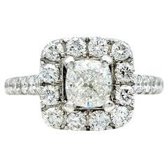 Used Neil Lane Cushion and Round Diamond Halo Engagement Ring in 14 Karat White Gold