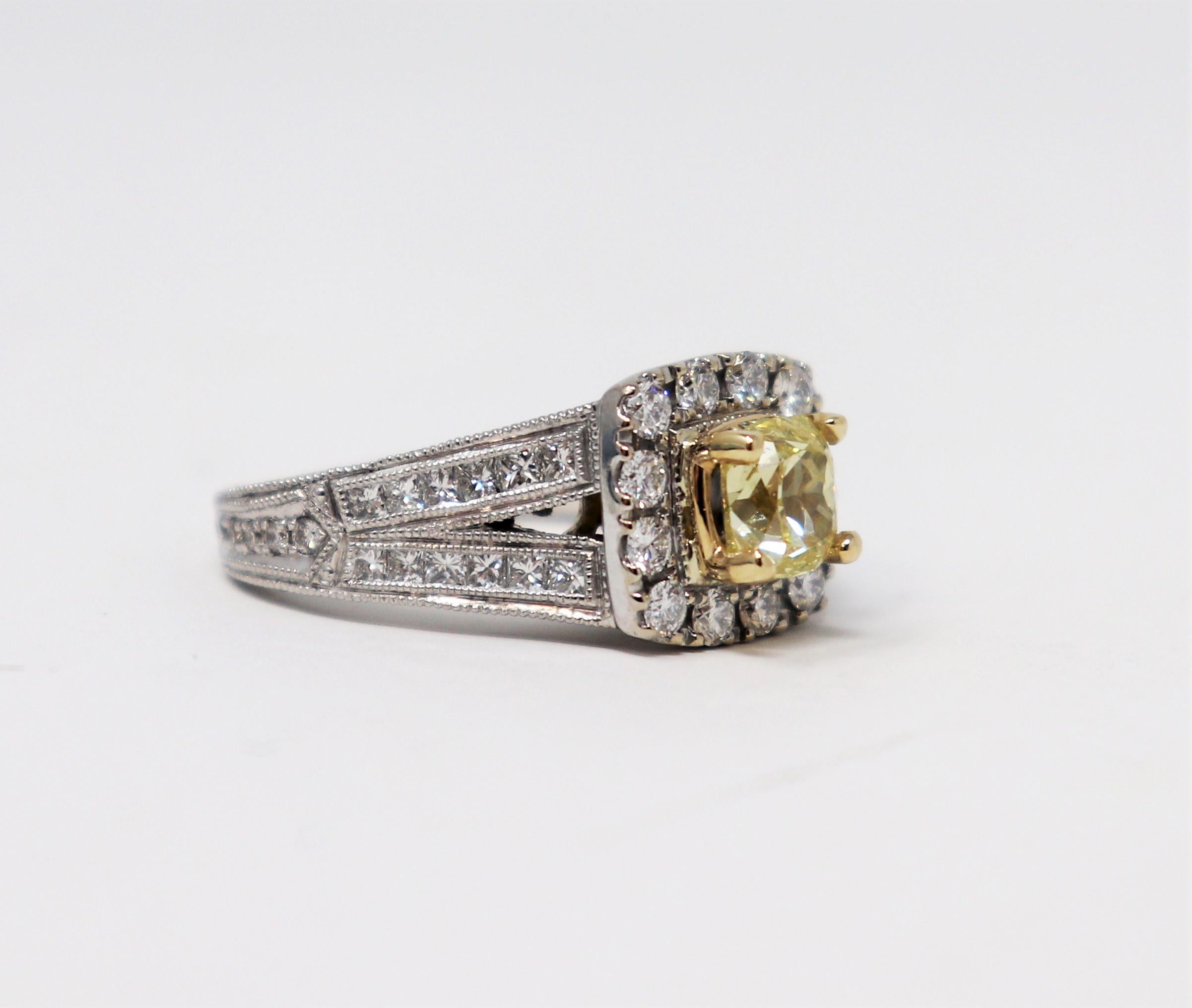 Ring size: 4.75

Renowned ring designer, Neil Lane wows us once again with this stunning engagement ring. This absolutely exquisite halo split shank diamond ring combines white and yellow diamonds in a unique design to showcase the color and
