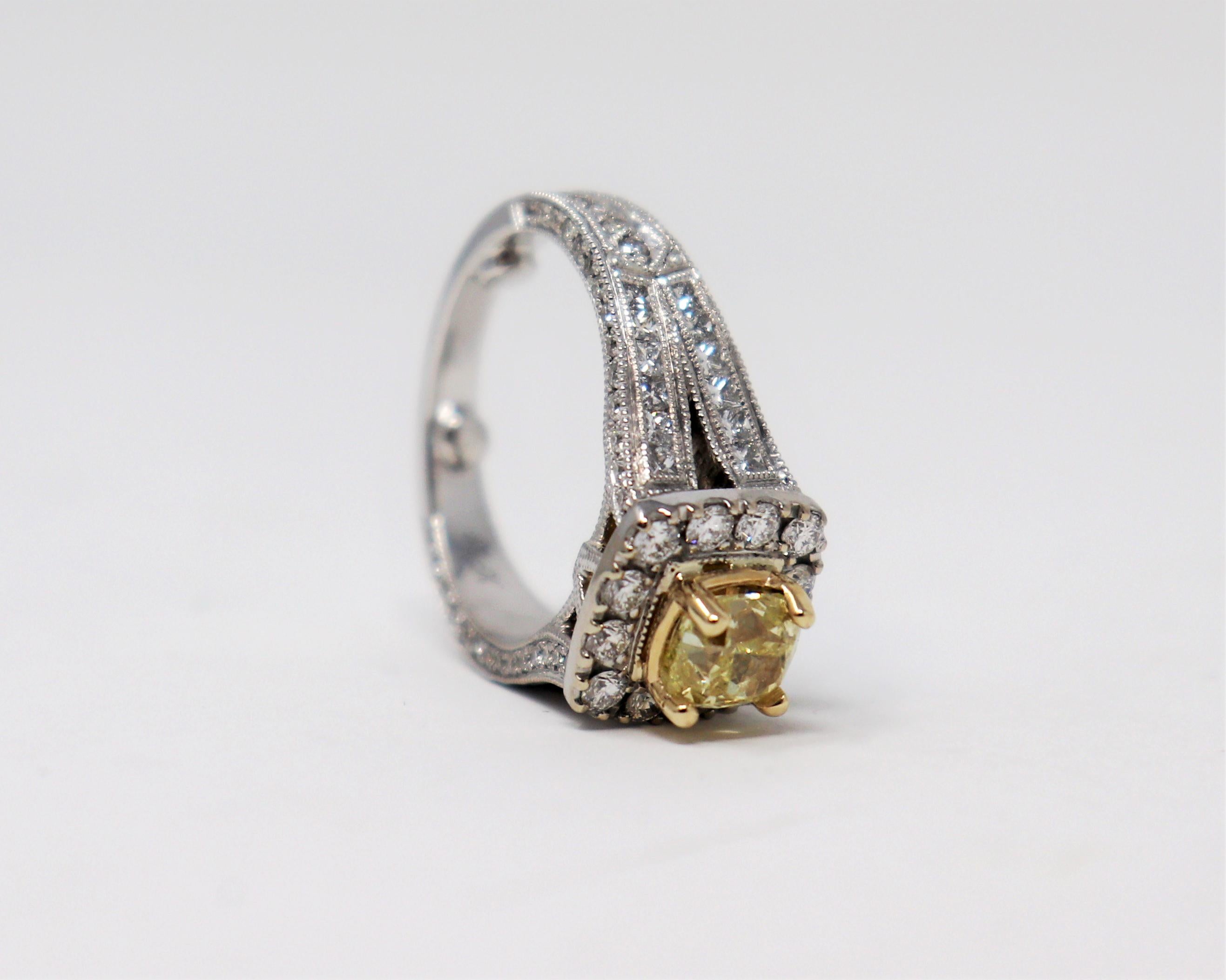 Women's Neil Lane Cushion Cut Fancy Intense Yellow Diamond and Halo Ring 14 Karat Gold For Sale