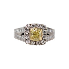 Used Neil Lane Cushion Cut Fancy Intense Yellow Diamond and Halo Ring 14 Karat Gold