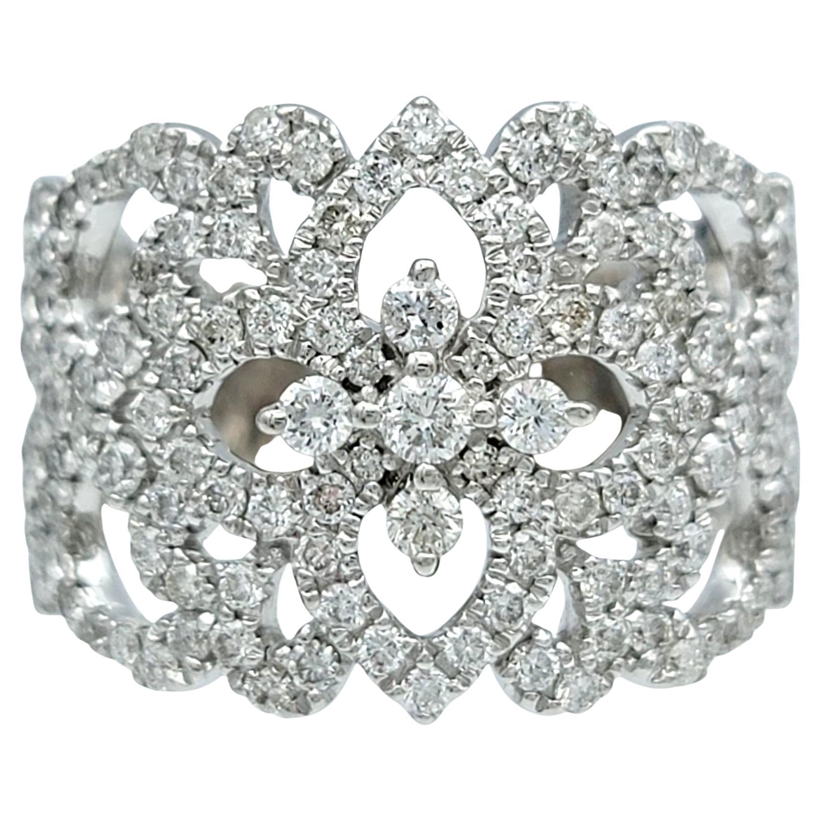 Neil Lane Cutout Flower Motif Pavé Diamond Wide Band Ring in 14 Karat White Gold