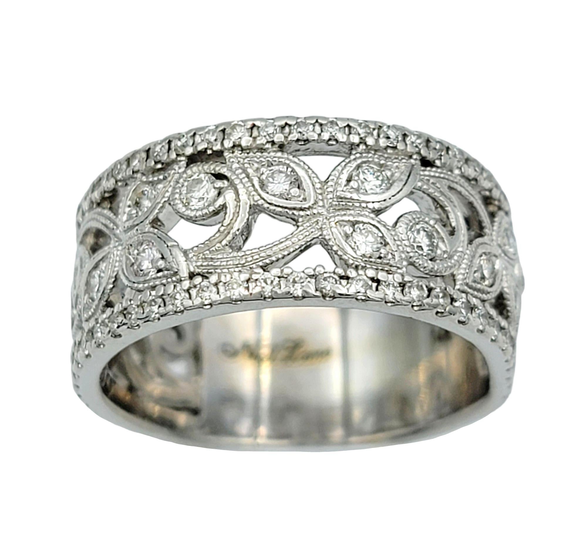 Contemporary Neil Lane Diamond Anniversary Band Ring with Leaf Motif in 14 Karat White Gold For Sale