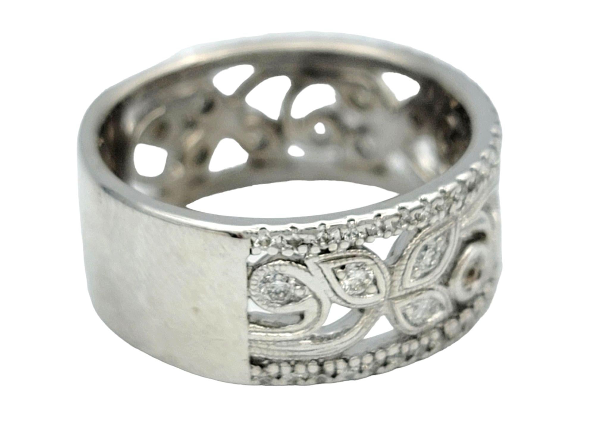 Round Cut Neil Lane Diamond Anniversary Band Ring with Leaf Motif in 14 Karat White Gold For Sale