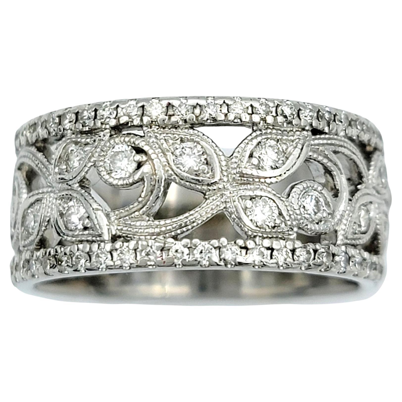 Neil Lane Diamond Anniversary Band Ring with Leaf Motif in 14 Karat White Gold For Sale