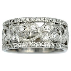 Used Neil Lane Diamond Anniversary Band Ring with Leaf Motif in 14 Karat White Gold