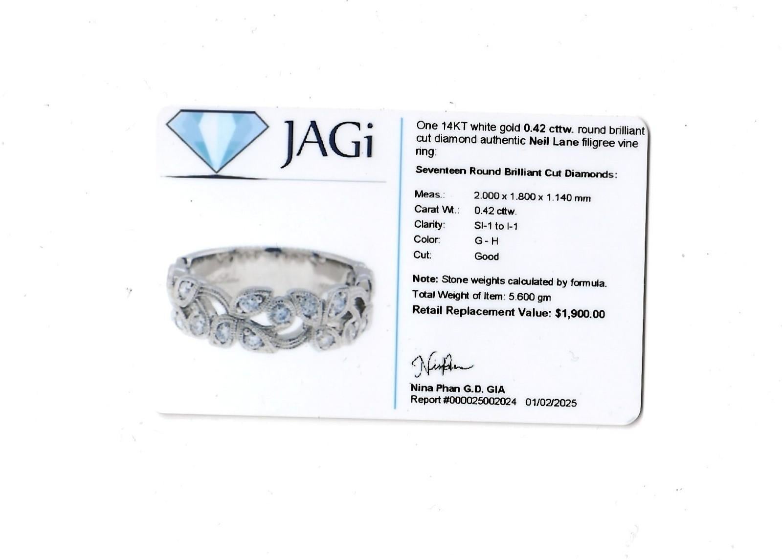Neil Lane Diamond Filigree Vine and Leaf Motif Band Ring in 14 Karat White Gold For Sale 8