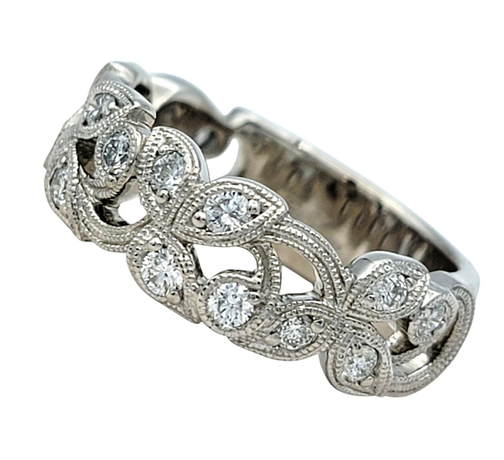 Round Cut Neil Lane Diamond Filigree Vine and Leaf Motif Band Ring in 14 Karat White Gold For Sale