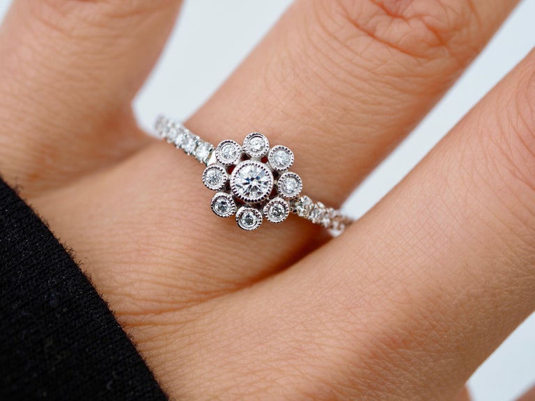 Neil Lane Diamond Flower HaloBezel Set Ring in 14 Karat White Gold For Sale at 1stDibs neil