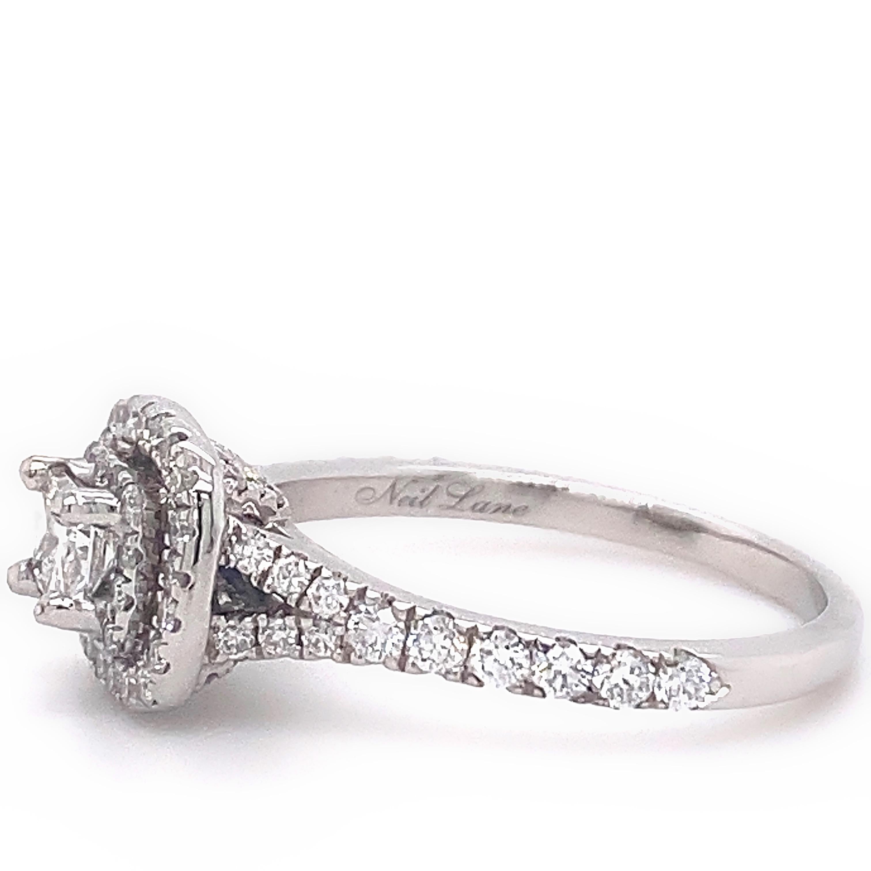 Neil Lane Bague de fiançailles en or blanc 14 carats avec double halo de diamants princesse 1 carat en vente 2