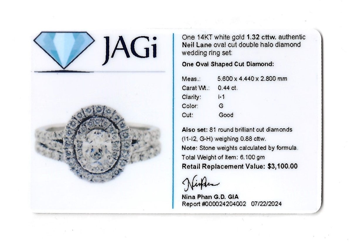 Neil Lane Oval Cut Diamond Double Halo Wedding Ring Set in 14 Karat White Gold For Sale 7