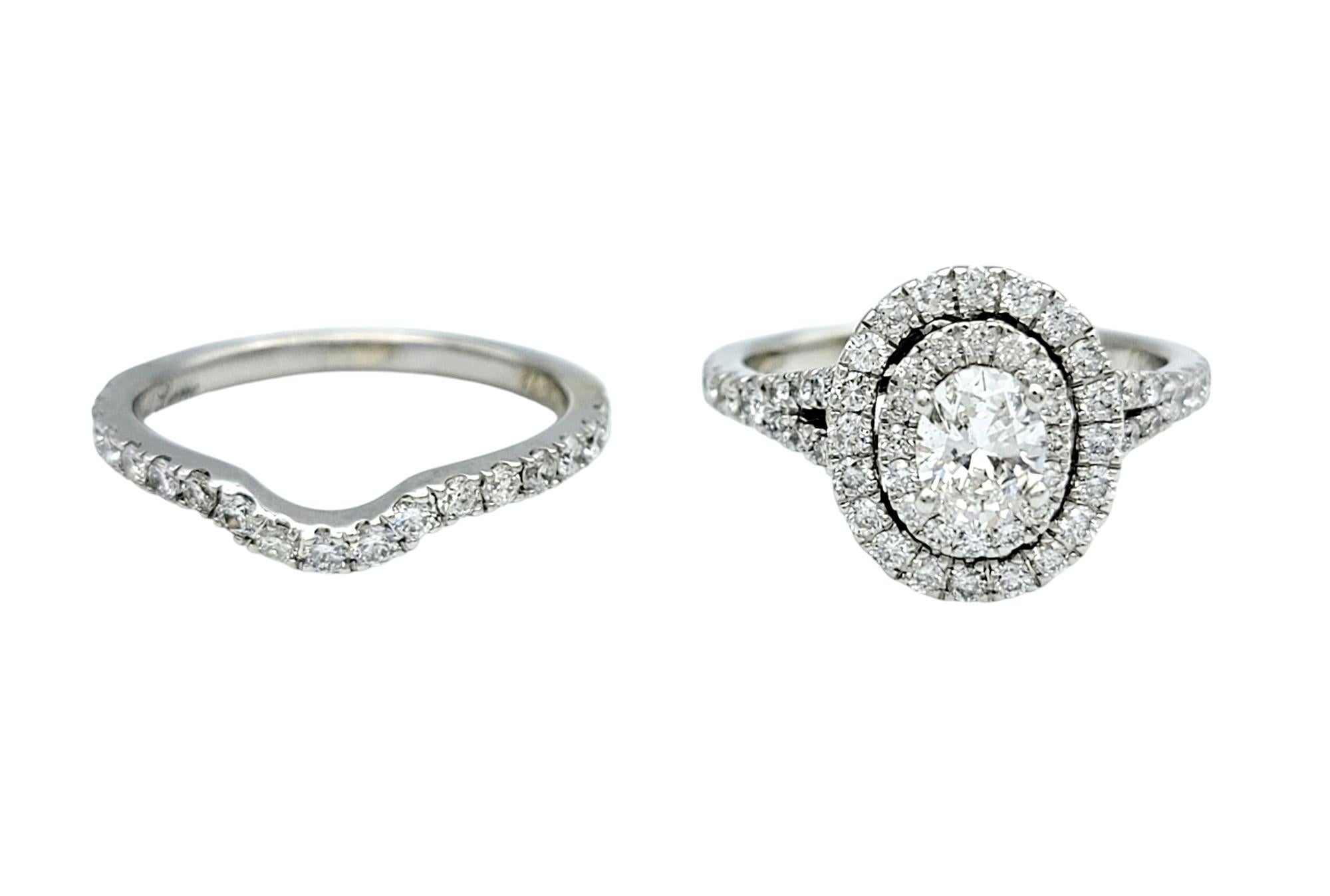Women's Neil Lane Oval Cut Diamond Double Halo Wedding Ring Set in 14 Karat White Gold For Sale
