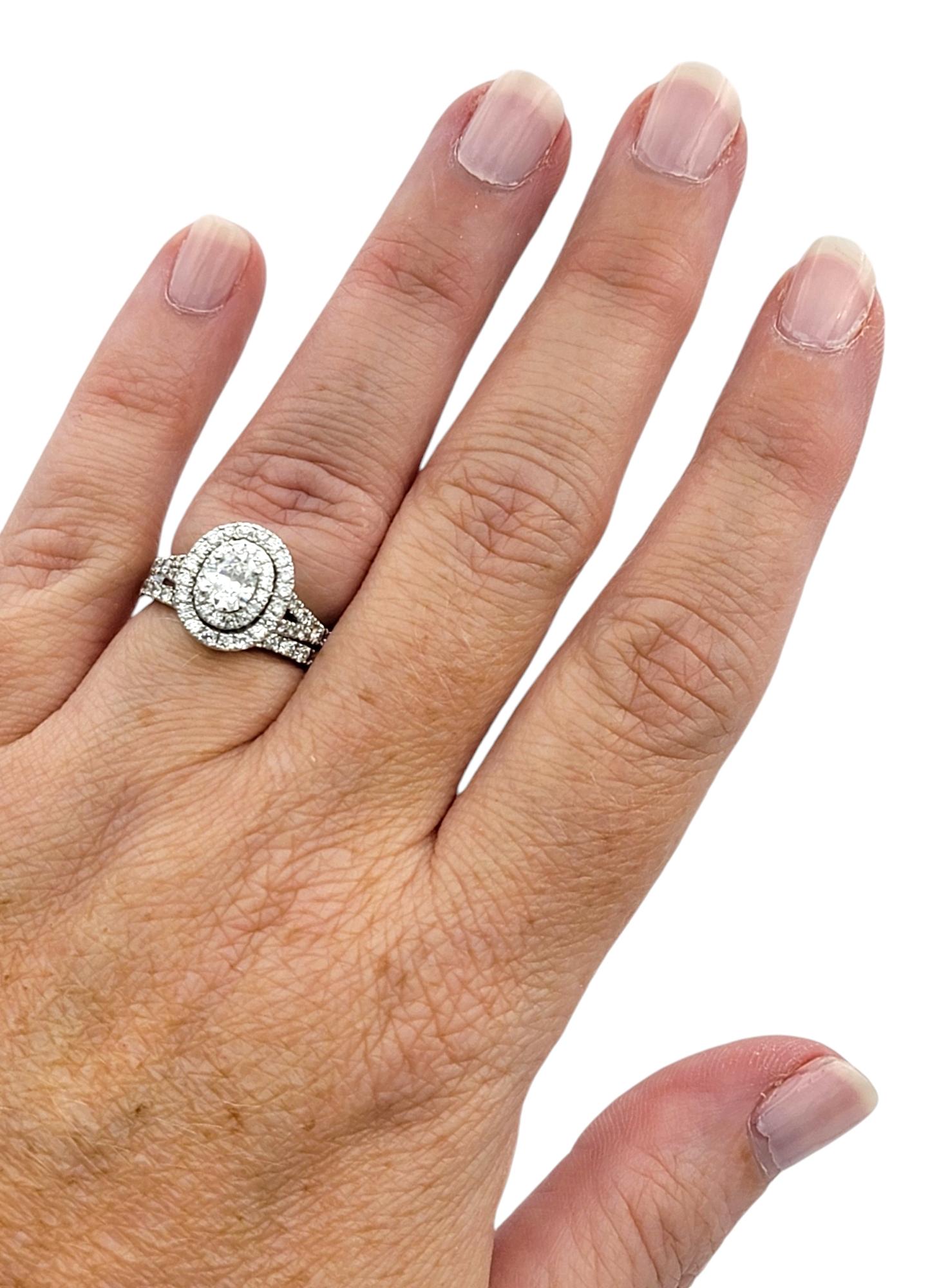 Neil Lane Oval Cut Diamond Double Halo Wedding Ring Set in 14 Karat White Gold For Sale 4