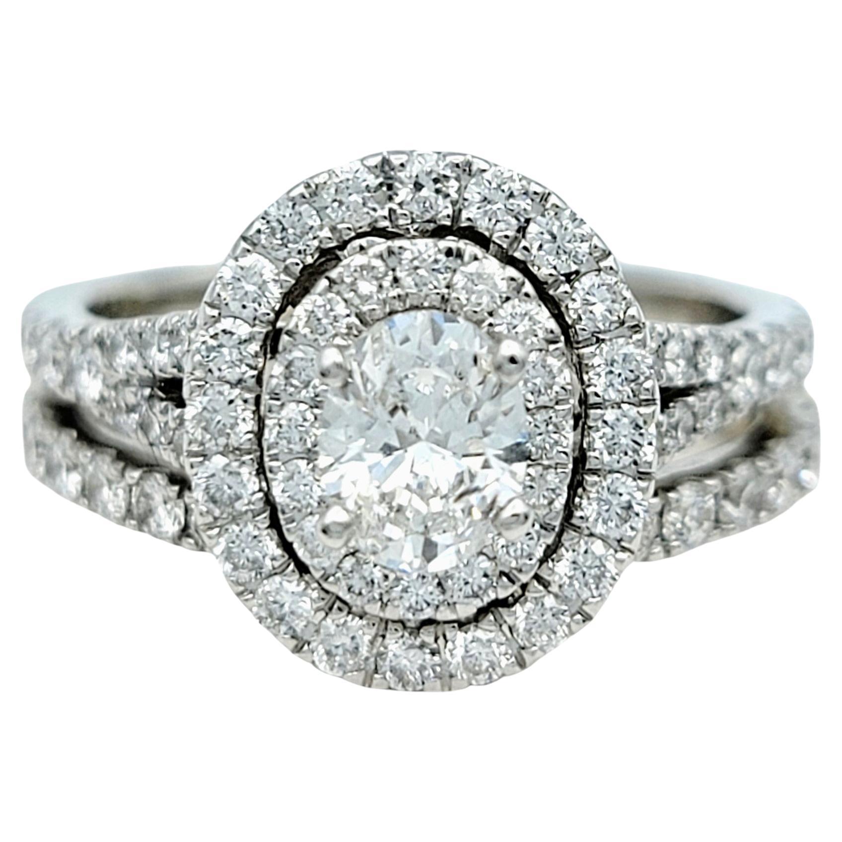 Neil Lane Oval Cut Diamond Double Halo Wedding Ring Set in 14 Karat White Gold