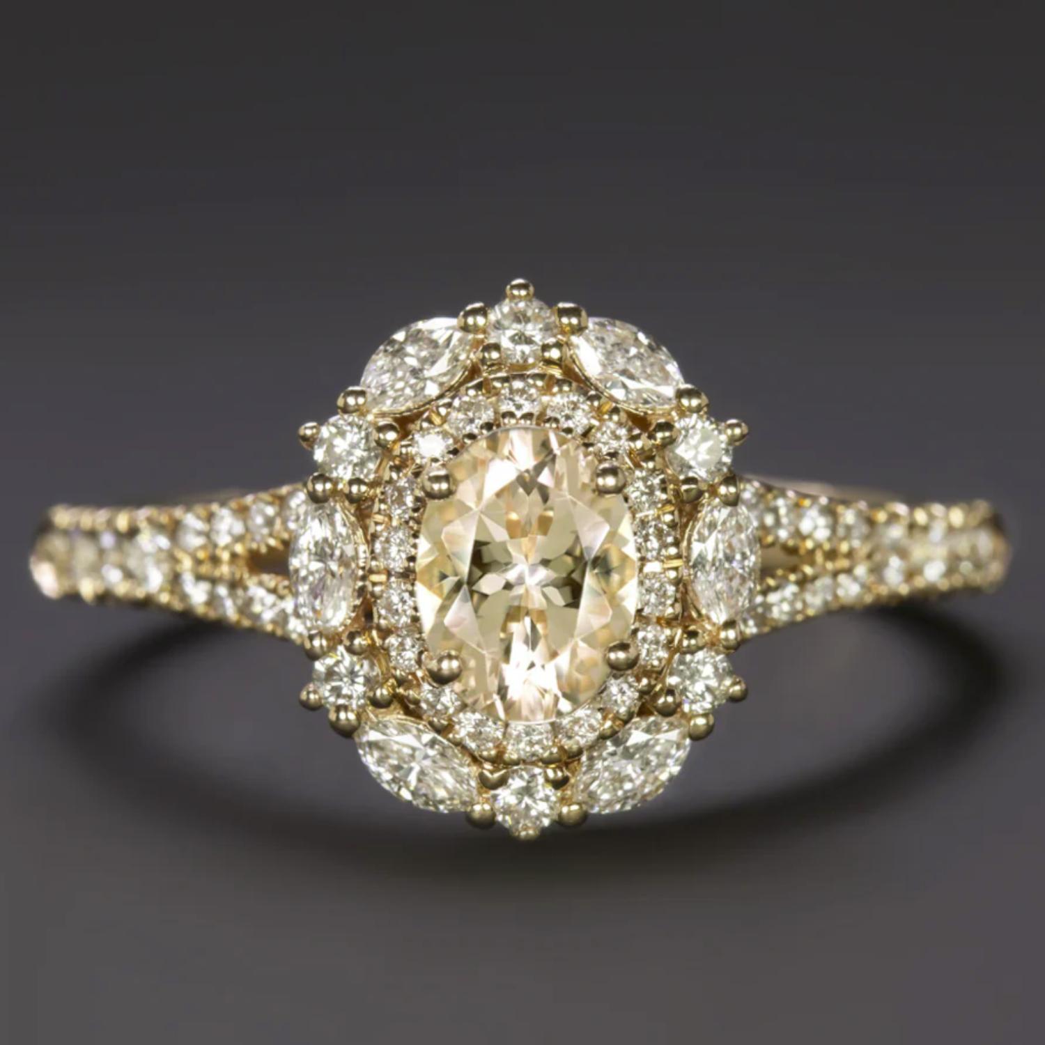 Neil Lane Verlobungsring aus 14 Karat Roségold mit ovalem Morganit und Diamant-Halo (Ovalschliff) im Angebot