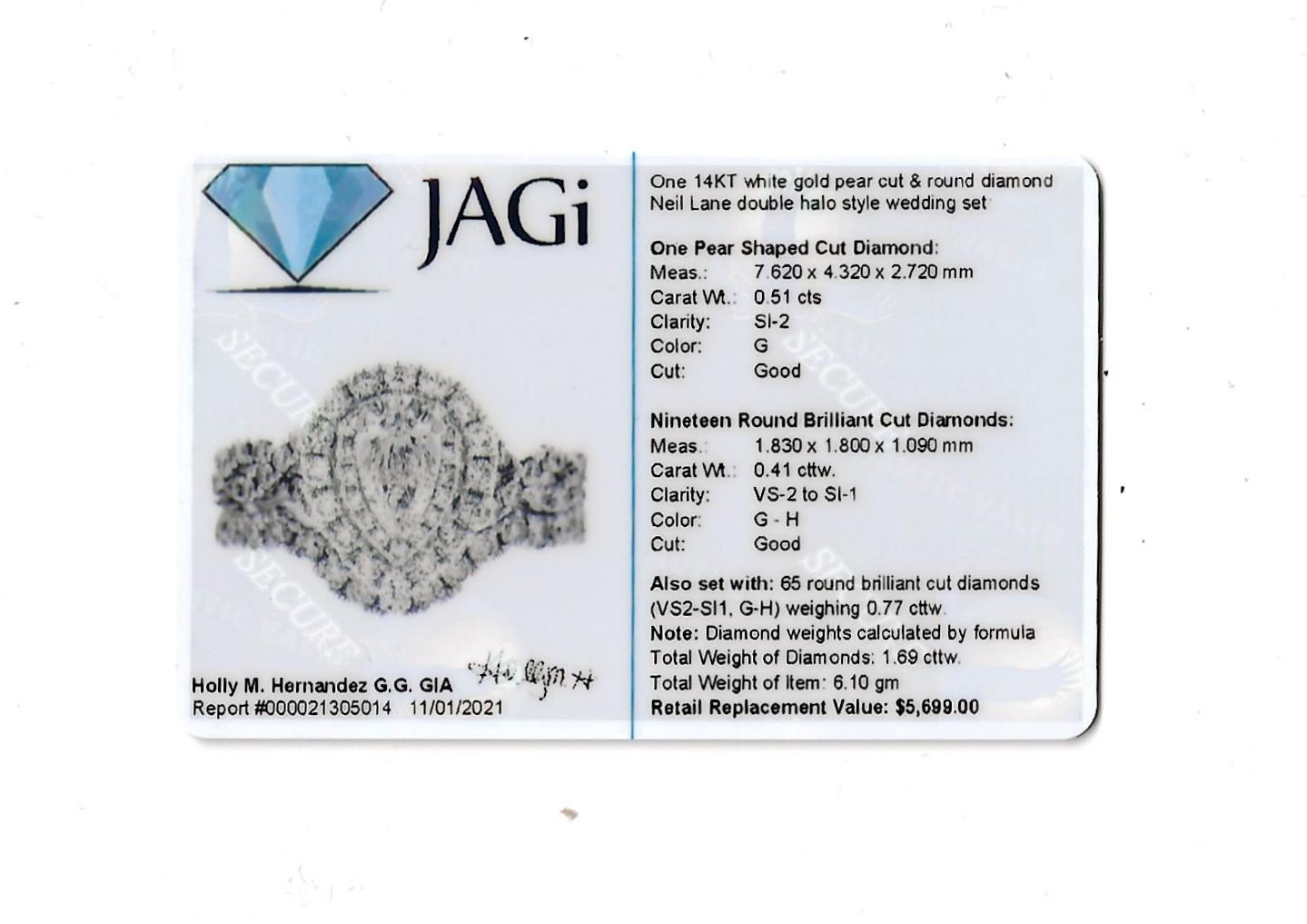 Neil Lane Pear and Round Diamond Halo Wedding Ring Set in 14 Karat White Gold 10