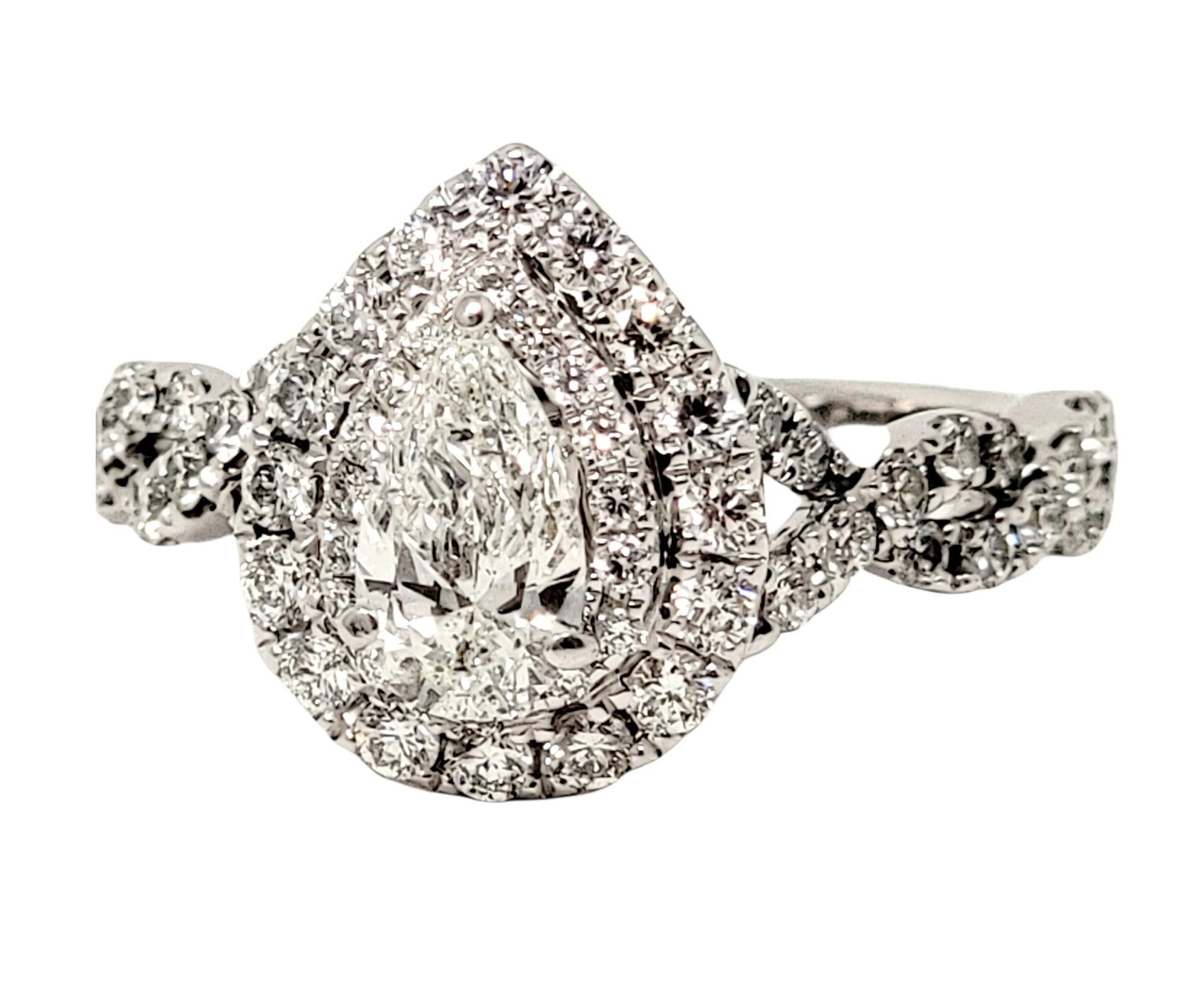 Contemporary Neil Lane Pear and Round Diamond Halo Wedding Ring Set in 14 Karat White Gold