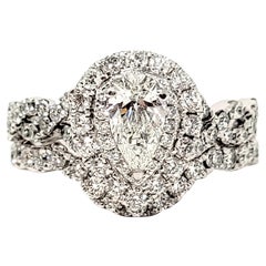 Neil Lane Pear and Round Diamond Halo Wedding Ring Set in 14 Karat White Gold