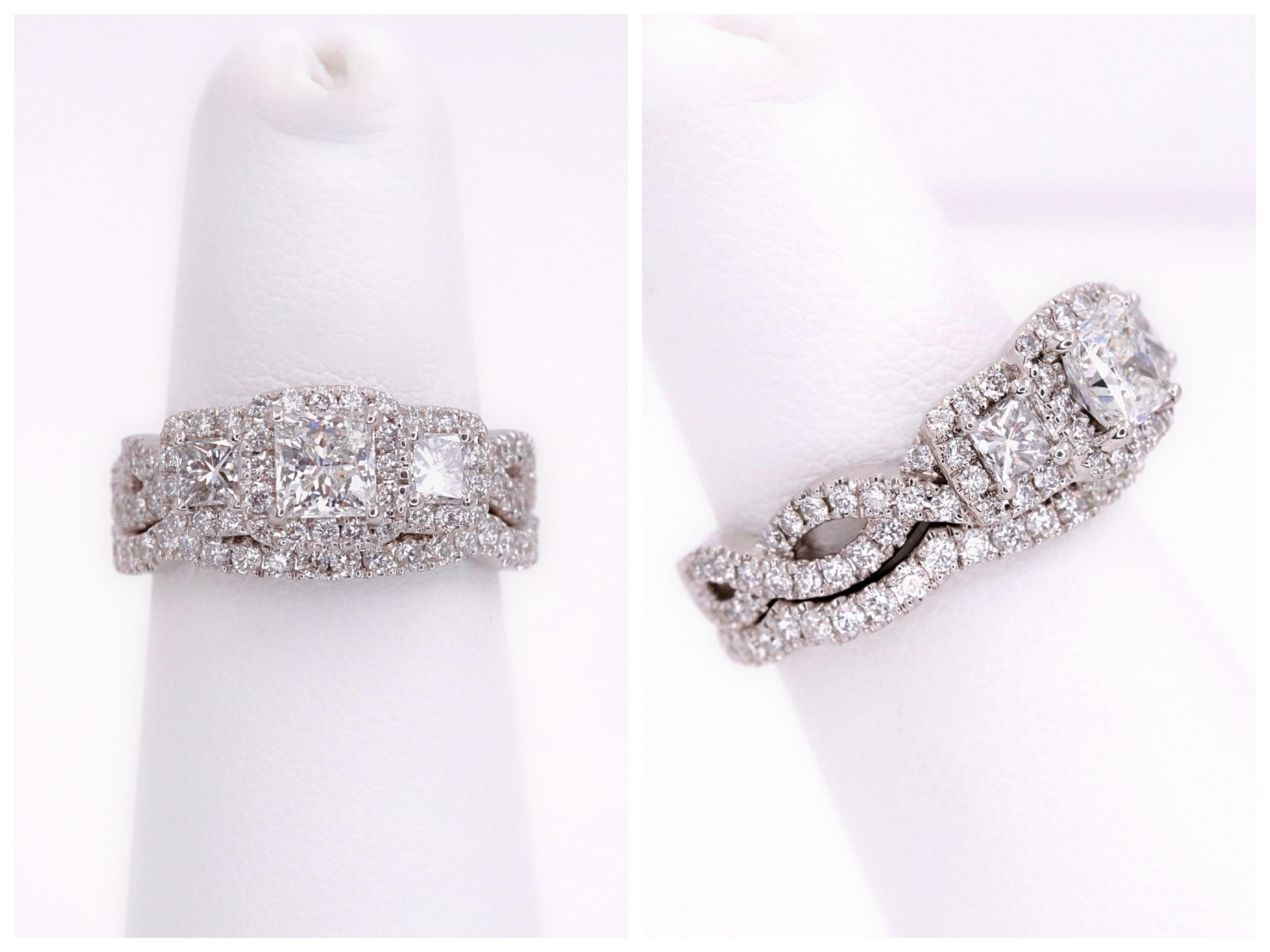 Princess Cut Neil Lane Princess Diamond 1 3/8 Carat Three-Stone Bridal Ring Band Set