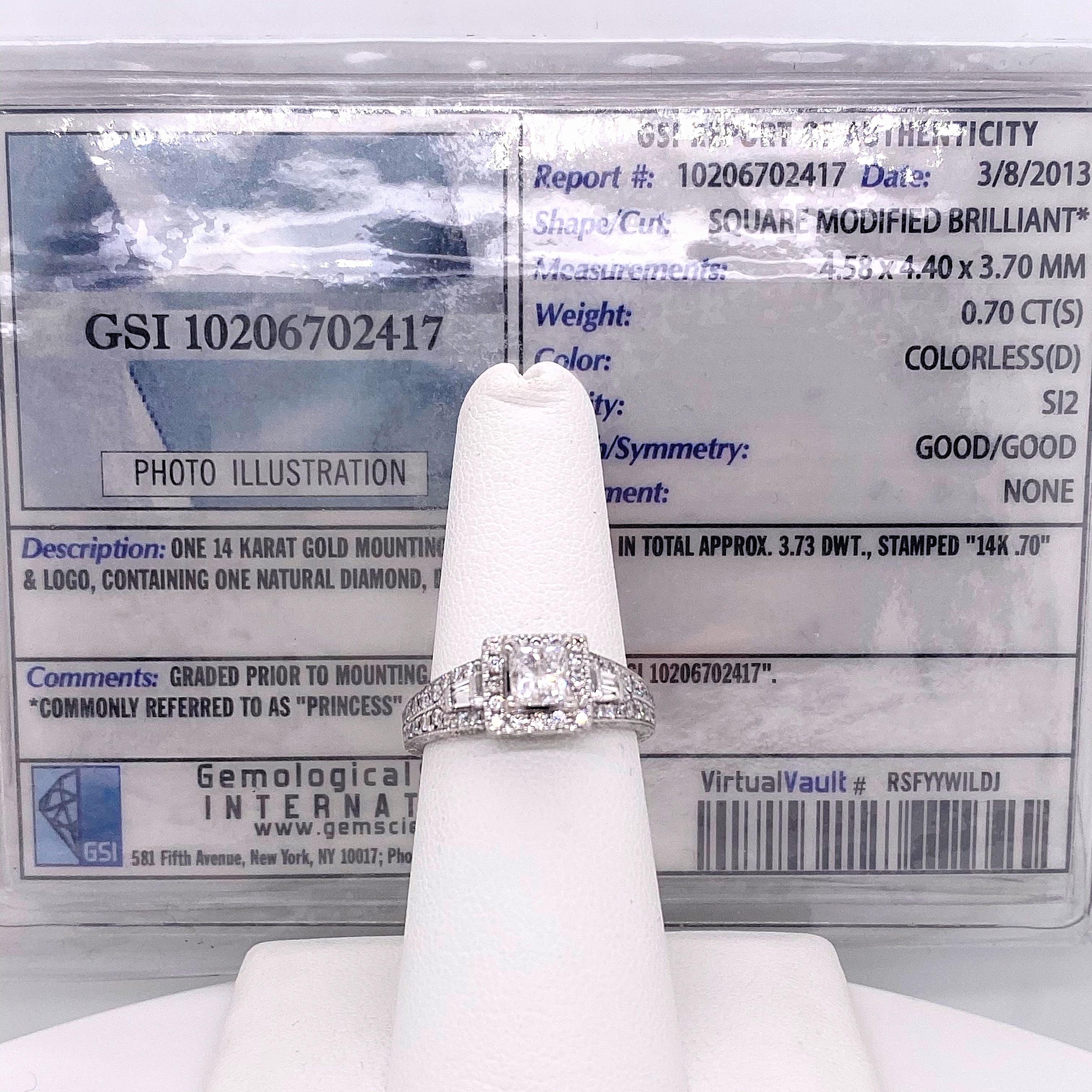 Neil Lane
Style:  Halo with Diamond Accented Band
Metal:  14kt White Gold
Size:  6.25 sizable
TCW:  1.50 tcw
Main Diamond:  Princess Cut Diamond 0.70 cts 
Color & Clarity:  D / SI2
Accent Diamonds:  70 Round Cut & Baguette Cut Diamonds 0.80