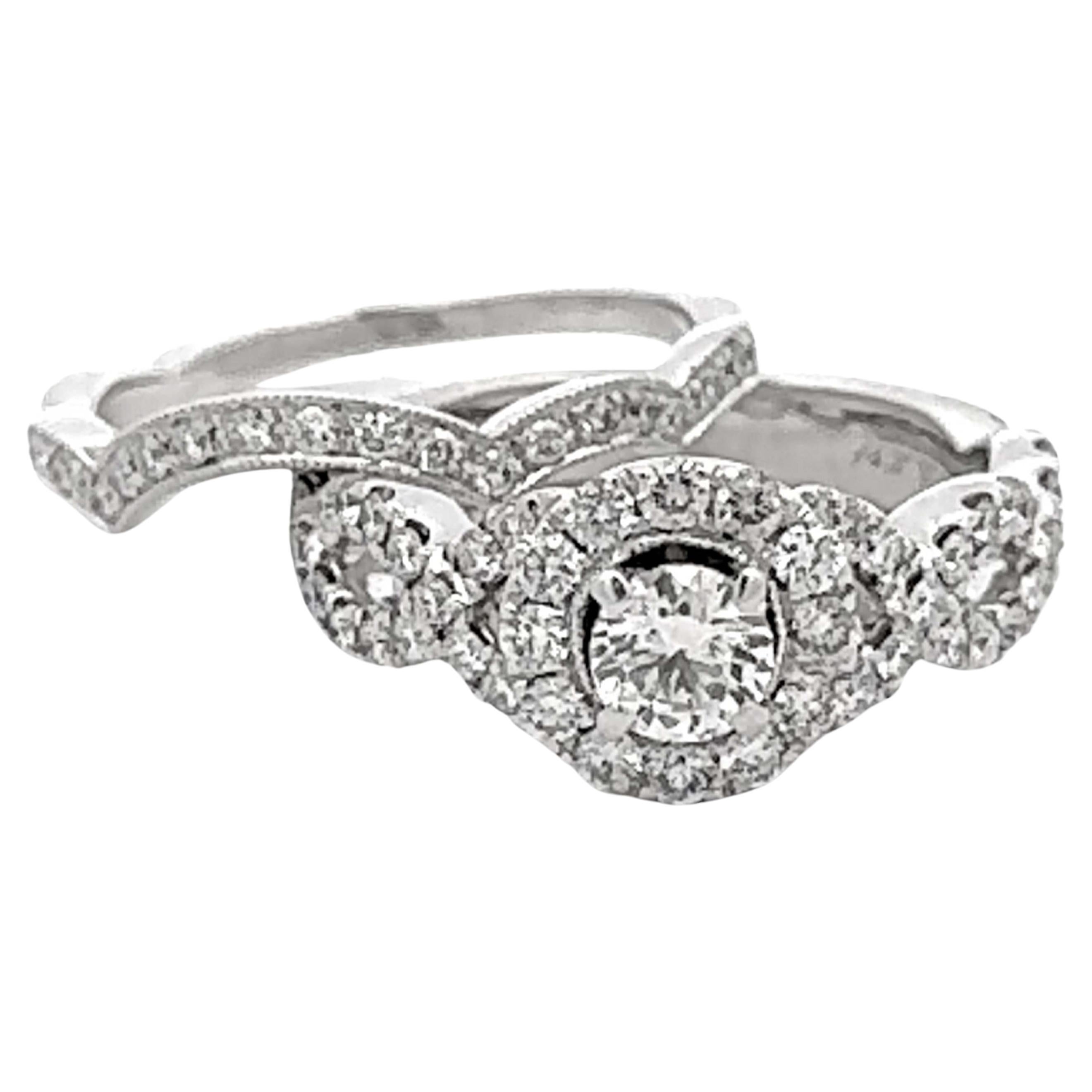 Neil Lane Anello di fidanzamento aureola con diamanti taglio brillante e fascia abbinata 14K