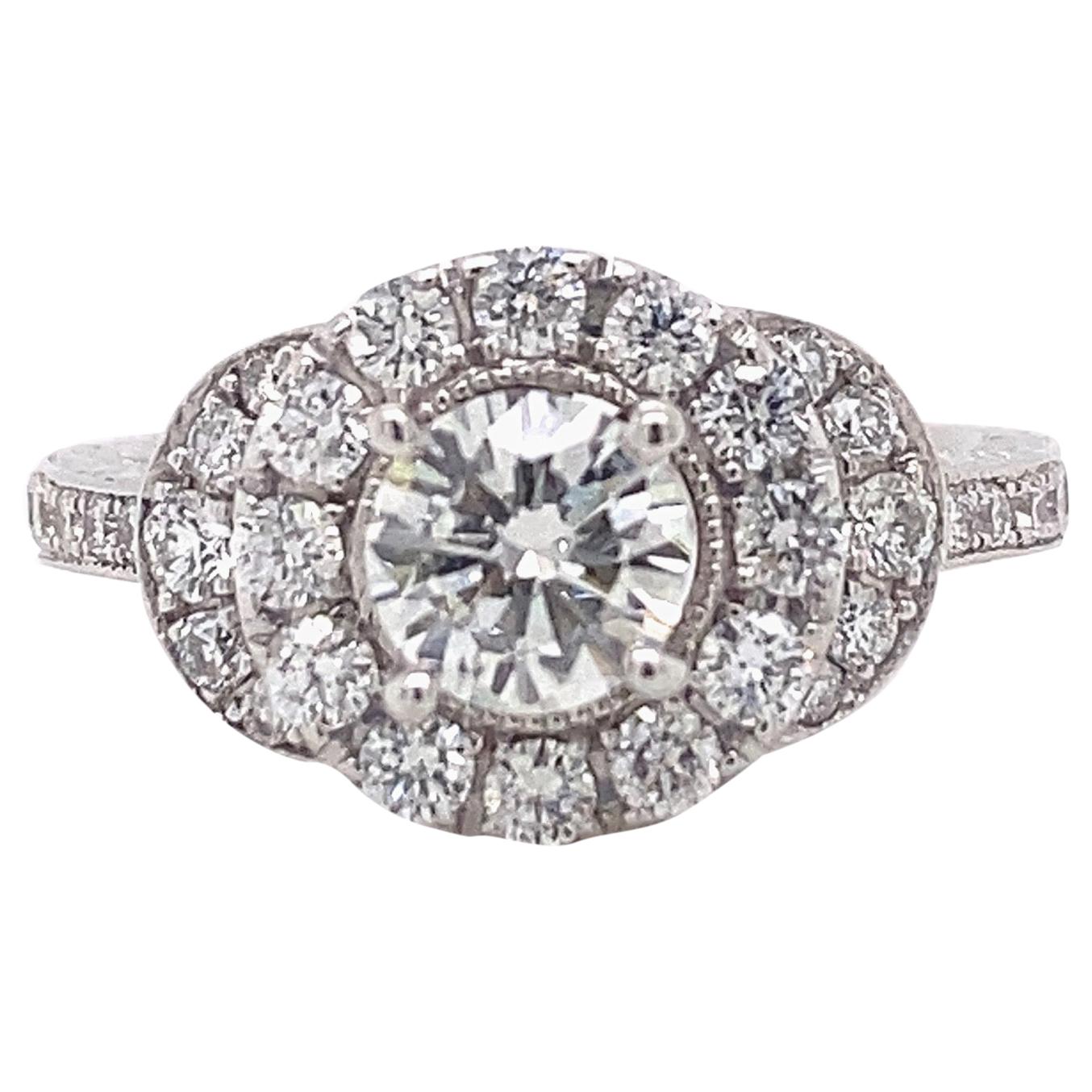 Neil Lane Round Diamond Halo 1.03 Carat 14 Karat White Gold Engagement Ring For Sale