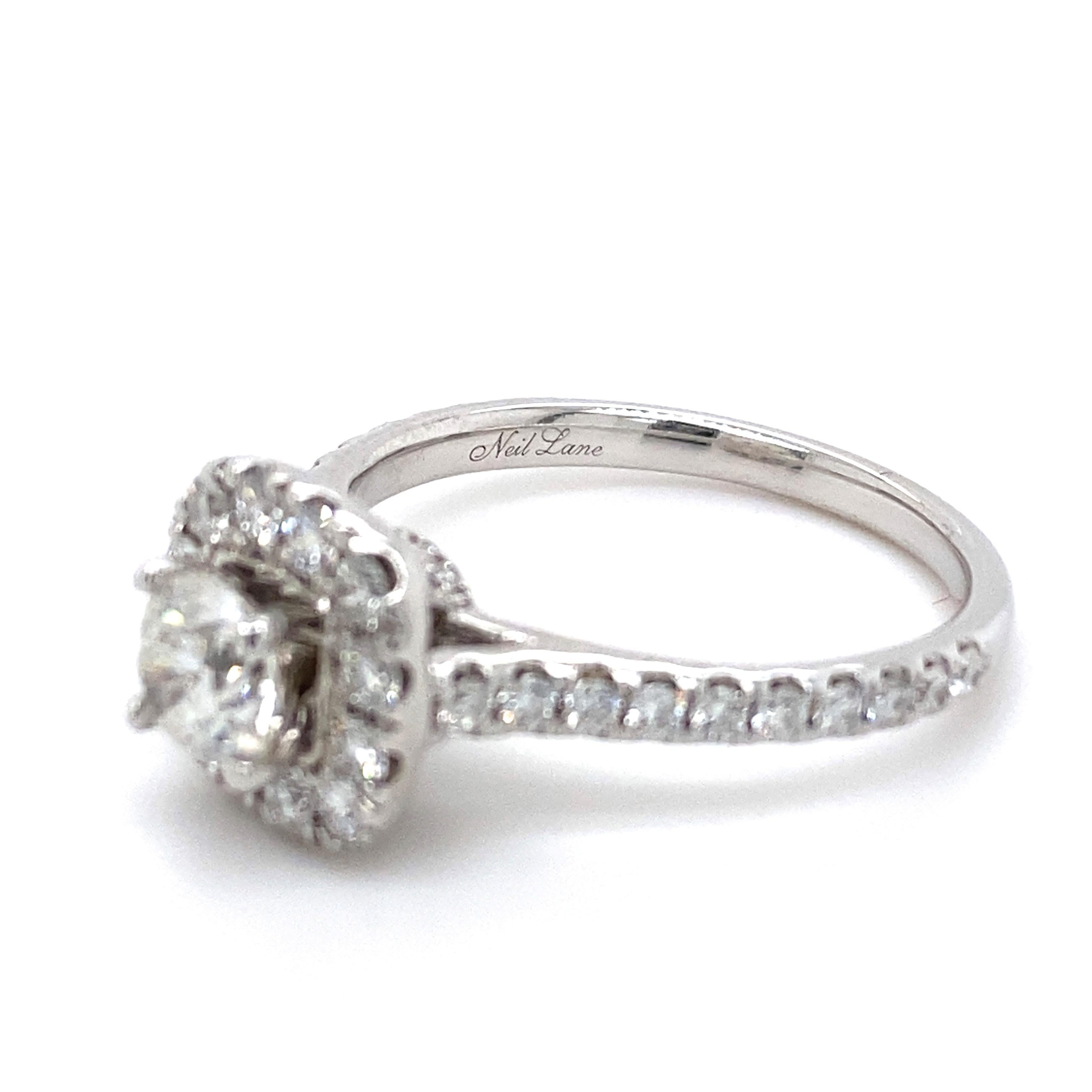 NEIL LANE Round Diamond Halo 1.27 tcw Engagement Ring in 14kt White Gold In Excellent Condition For Sale In San Diego, CA