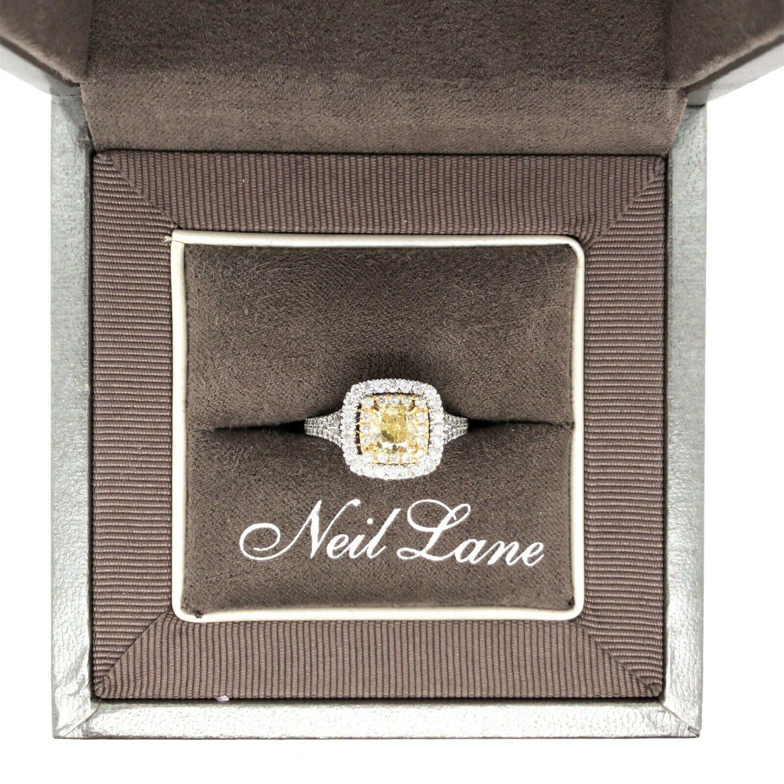 Neil Lane Yellow Diamond Cushion Double Halo Engagement Ring In Good Condition In Guilford, CT