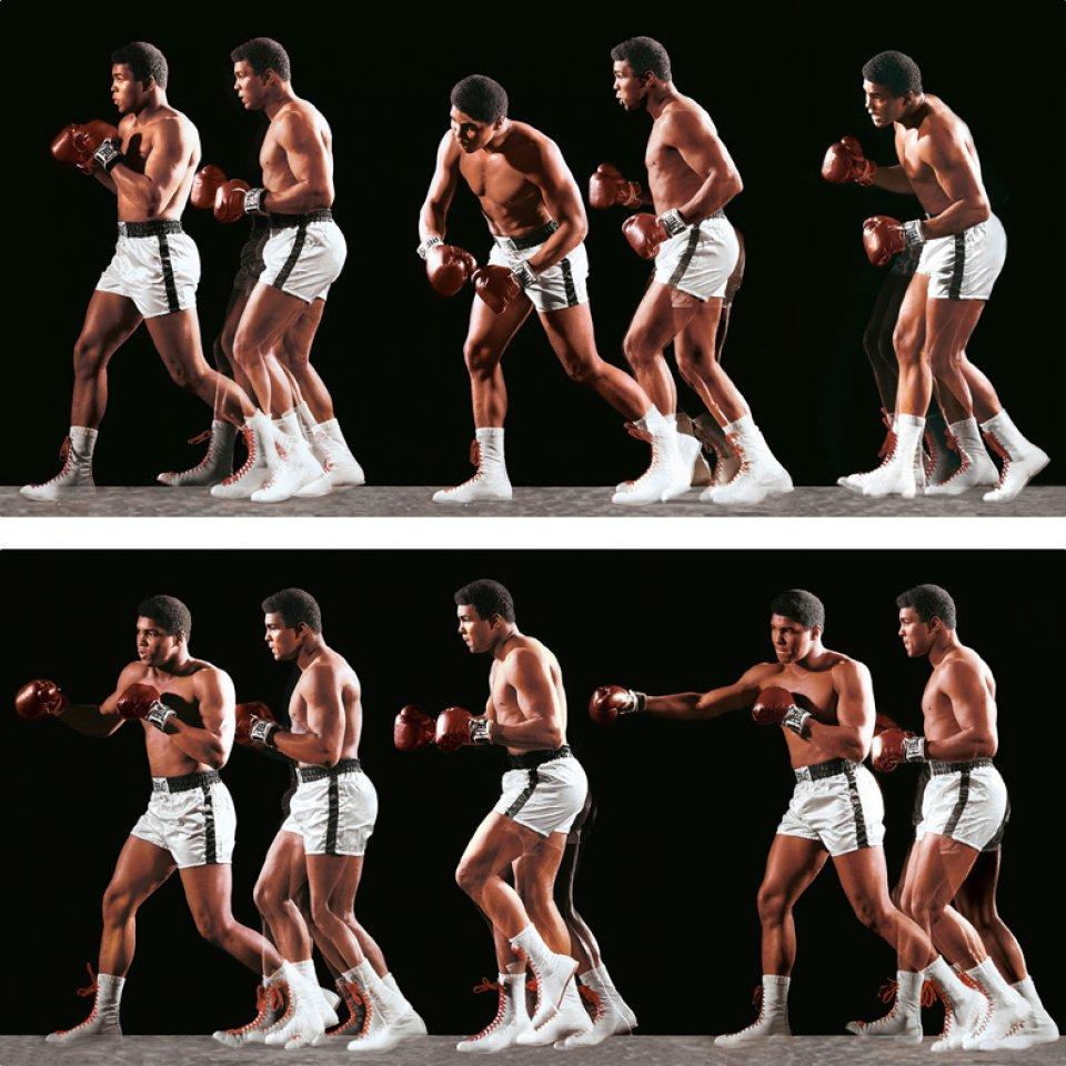 Neil Leifer Portrait Print – Ali Invents the Double-Clutch Shuffle, 1966, Fotodruck, auf Aluminium