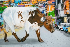 "Contra", Cityscape, Cow, Bull, Animal, Acrylic Painting, Figurative
