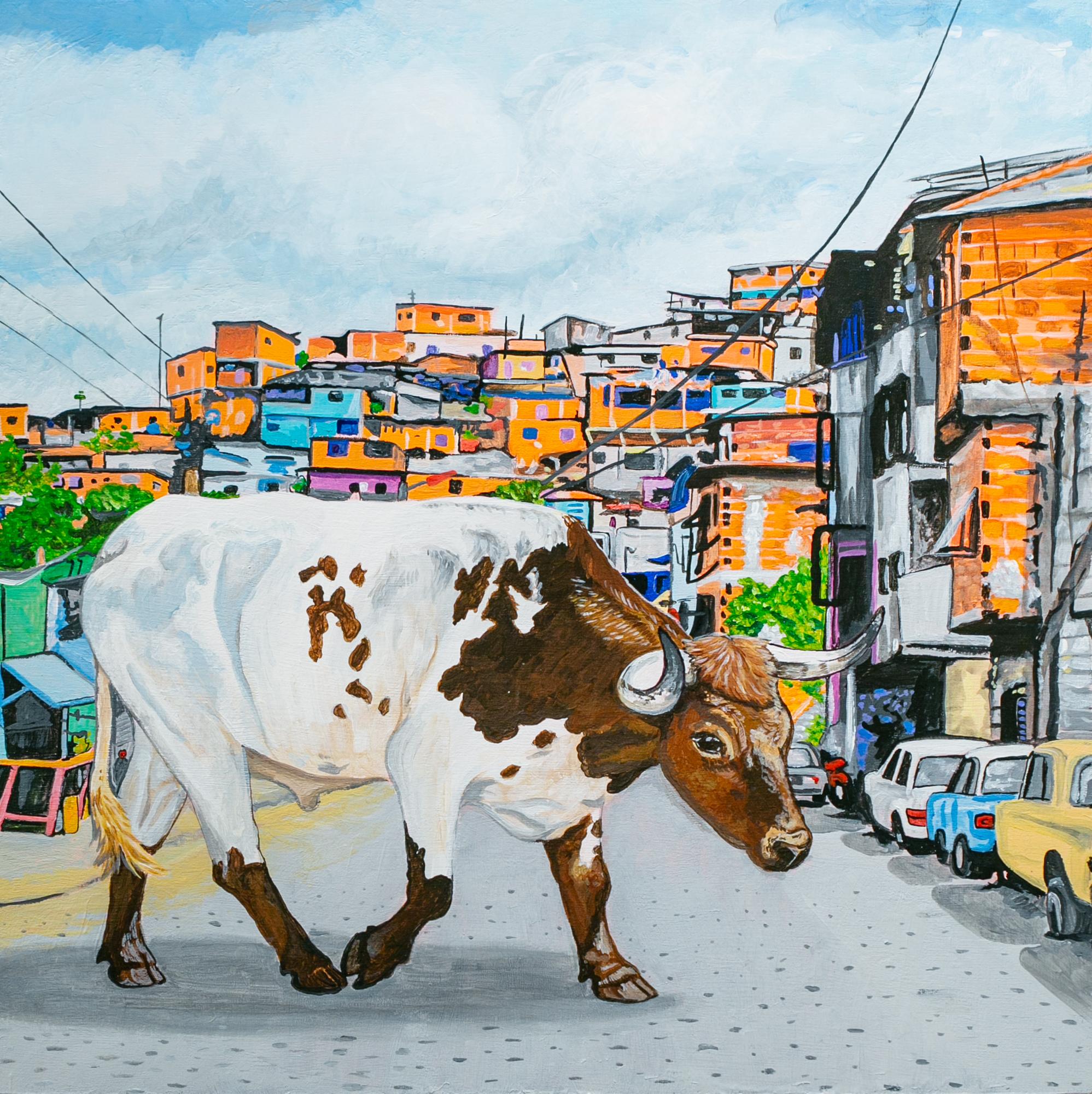 Neil M Perry Figurative Painting - "Contra", Cityscape, Cow, Bull, Animal, Acrylic Painting, Figurative