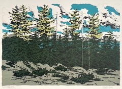 Lithographie signée FROM ZEKE'S PLACE, paysage du Maine, arbres de pin, nuages de ciel bleu