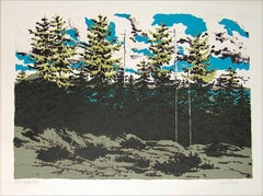 FROM ZEKE'S PLACE Signed Lithograph, Maine Landscape, Pine Trees Blue Sky Clouds