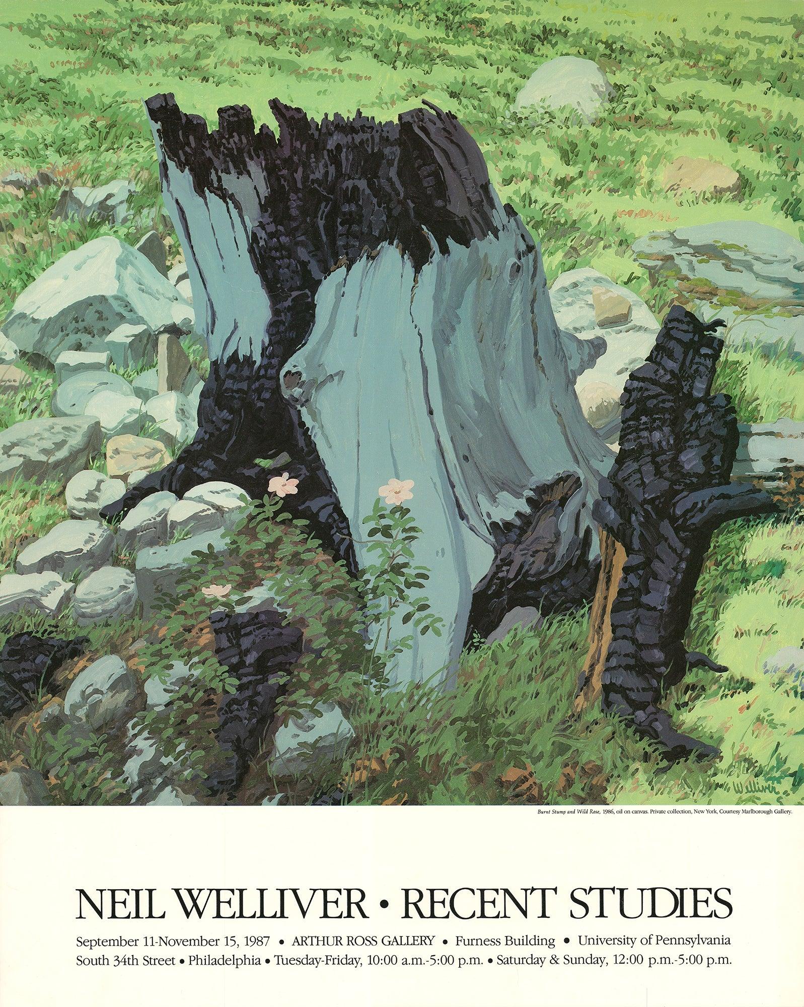 Este cartel de exposición original fue creado para Neil Welliver: Estudios Recientes, celebrada en la Galería Arthur Ross en 1987. Titulada Tocón quemado y rosa silvestre, la imagen ejemplifica el célebre enfoque de Welliver de la pintura de