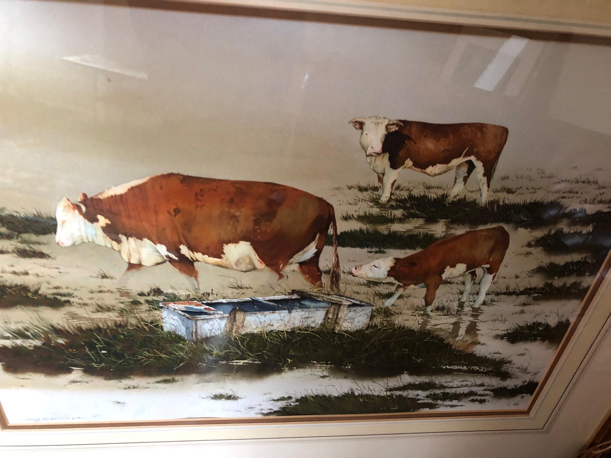 Paisaje contemporáneo Acuarela de vacas Hereford abrevando en un prado en venta 1