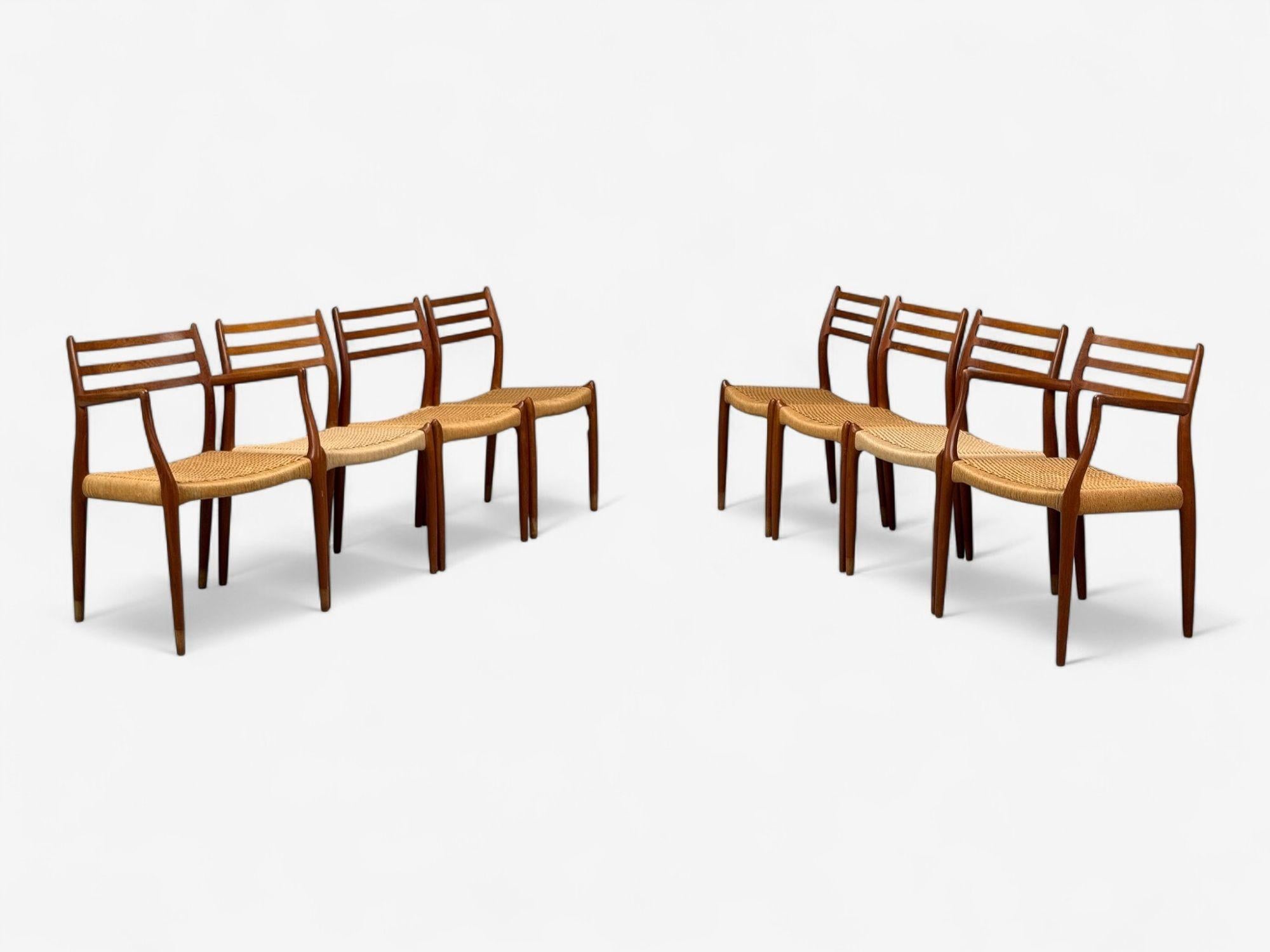 Neils O. Möller, modernité danoise du milieu du siècle, corde à papier, teck, huit chaises de salle à manger 