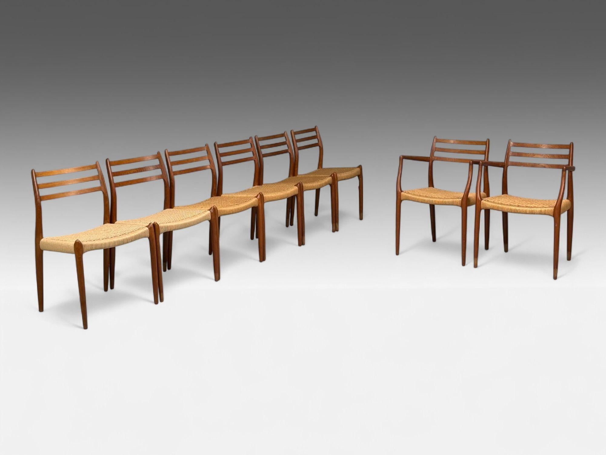 Mid-Century Modern Neils O. Möller, Danemark Papercord, Teck, Chaises de salle à manger, Danemark, années 1950 en vente