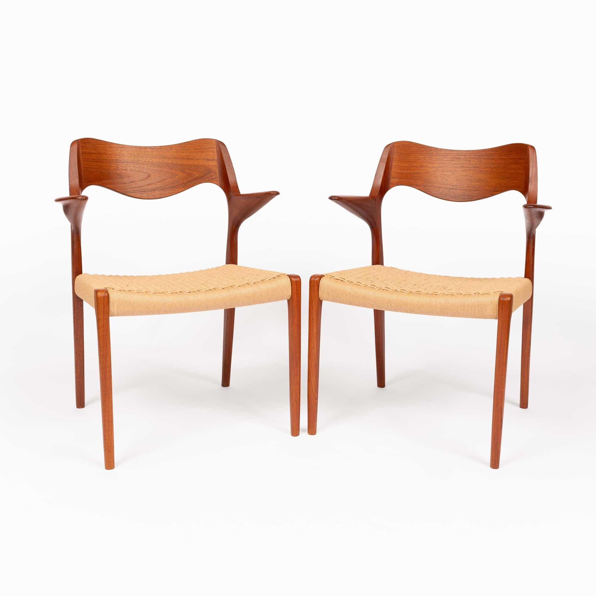 Danish Neils Ottto Møller Model 55 Teak Dining Chairs in Woven Paper Cord (set of 2)